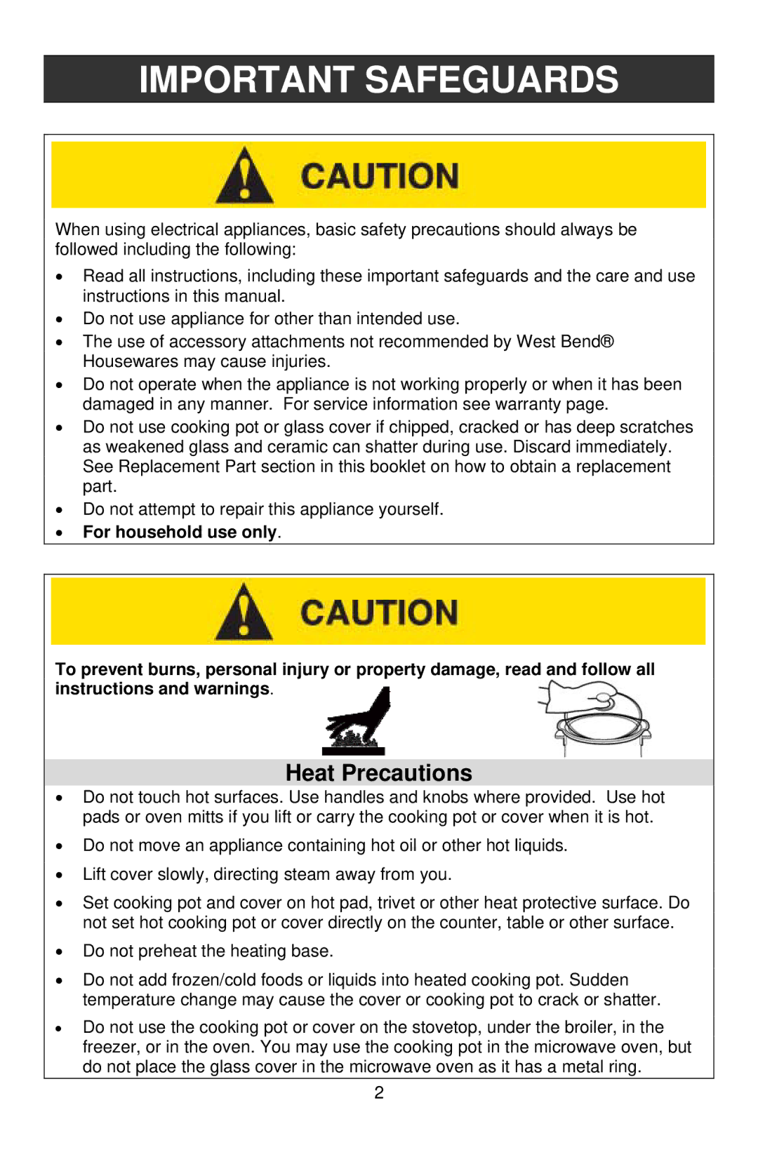 West Bend 3-4 Quart Crockery Cooker instruction manual Important Safeguards, Heat Precautions 