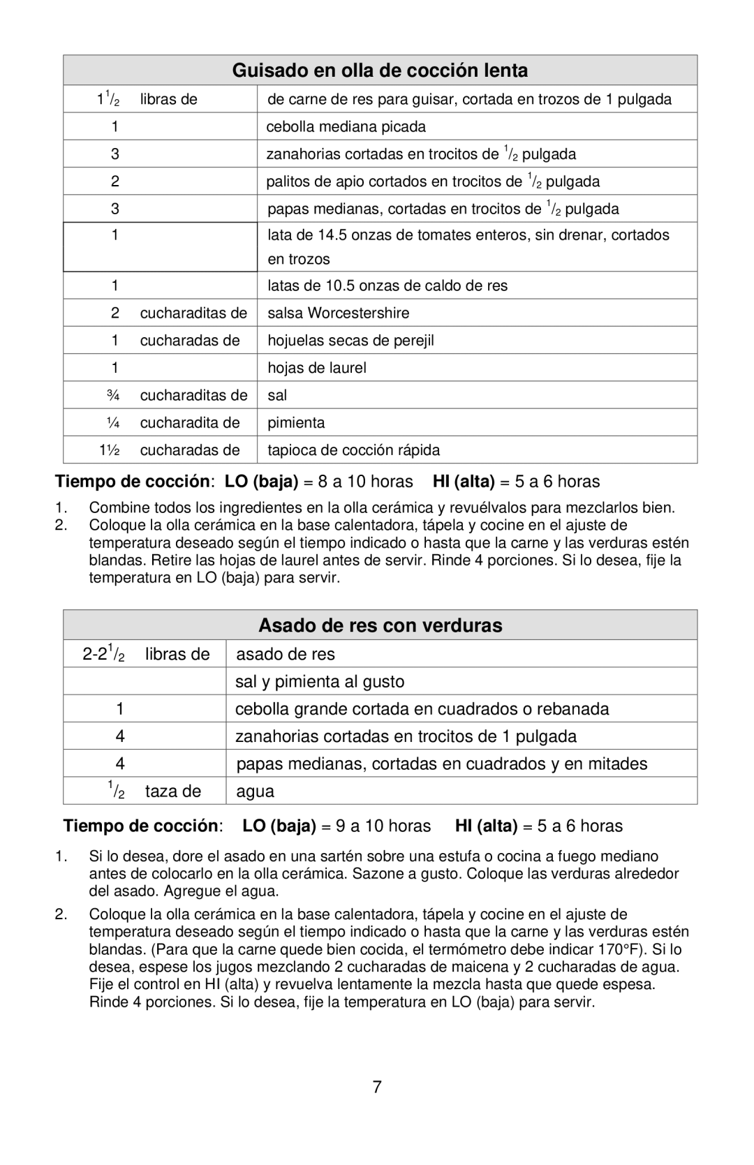 West Bend 3-4 Quart Crockery Cooker instruction manual Guisado en olla de cocción lenta, Asado de res con verduras 