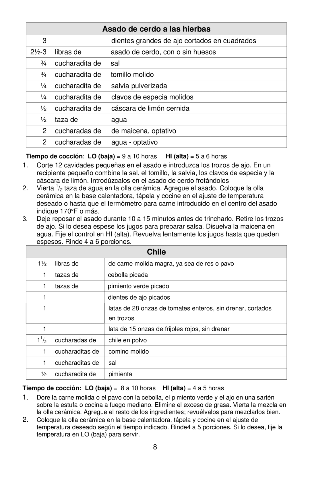 West Bend 3-4 Quart Crockery Cooker instruction manual Asado de cerdo a las hierbas, Chile 