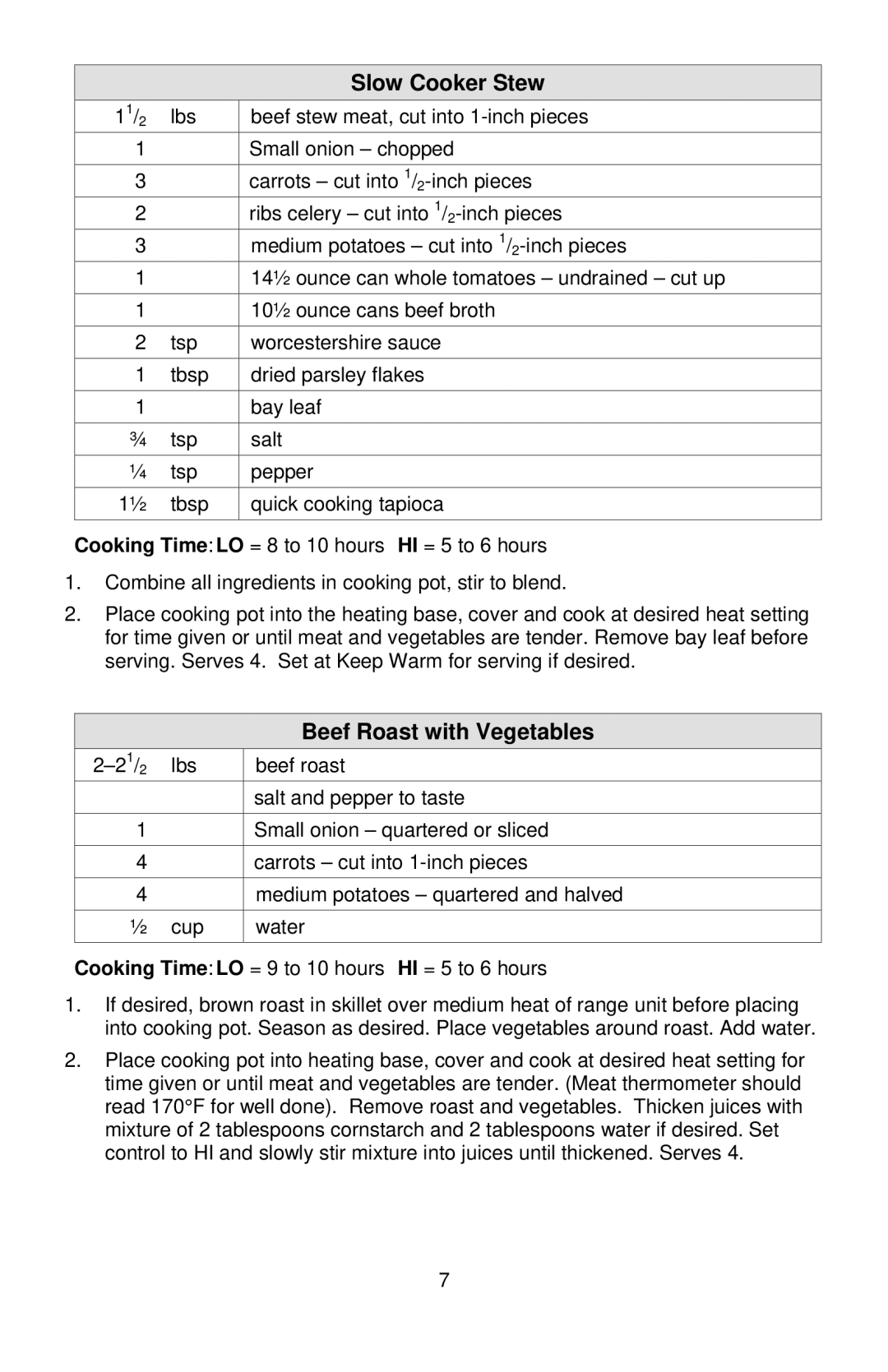 West Bend 3-4 Quart Crockery Cooker instruction manual Slow Cooker Stew, Beef Roast with Vegetables 