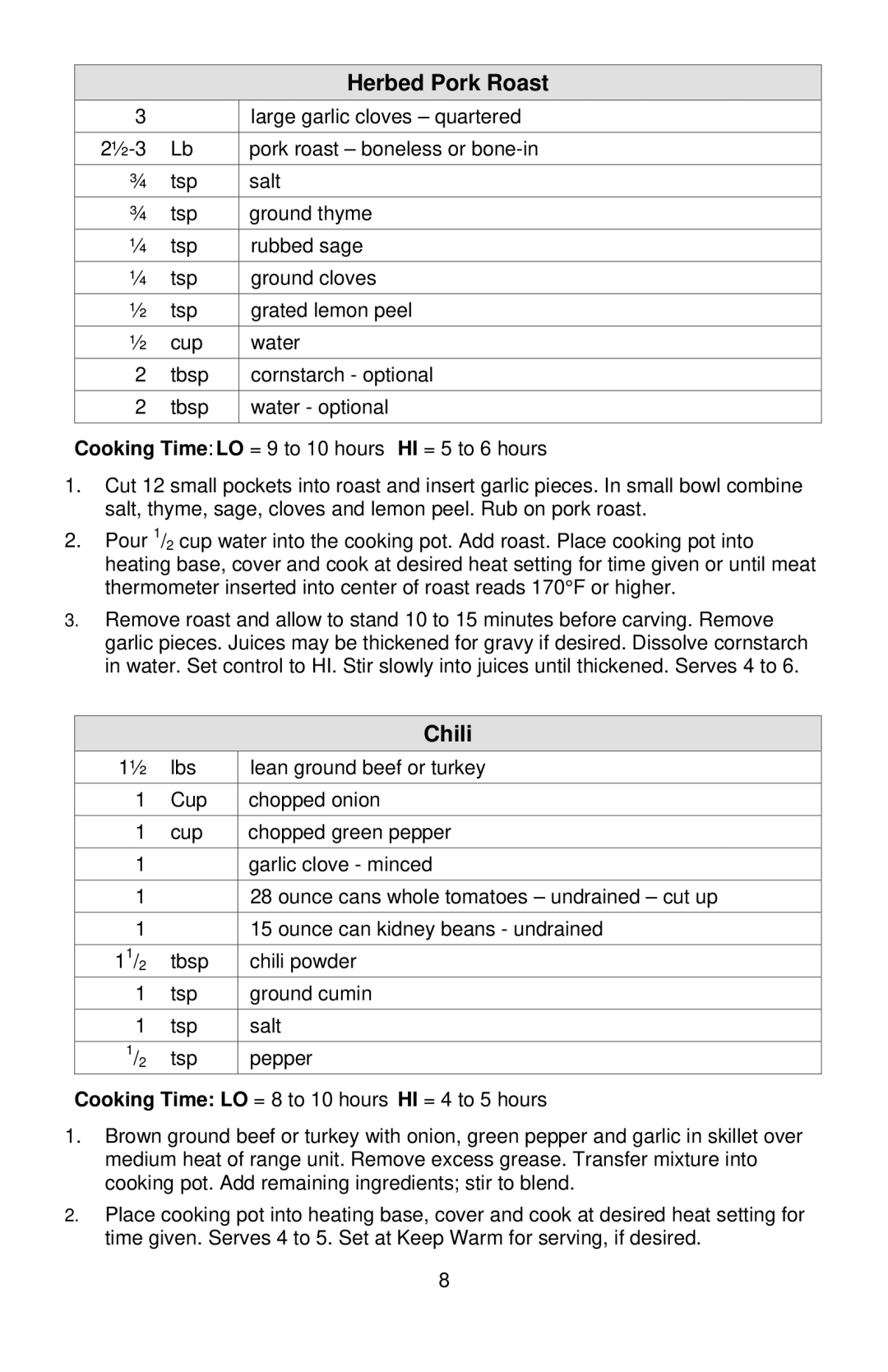 West Bend 3-4 Quart Crockery Cooker instruction manual Herbed Pork Roast, Chili 