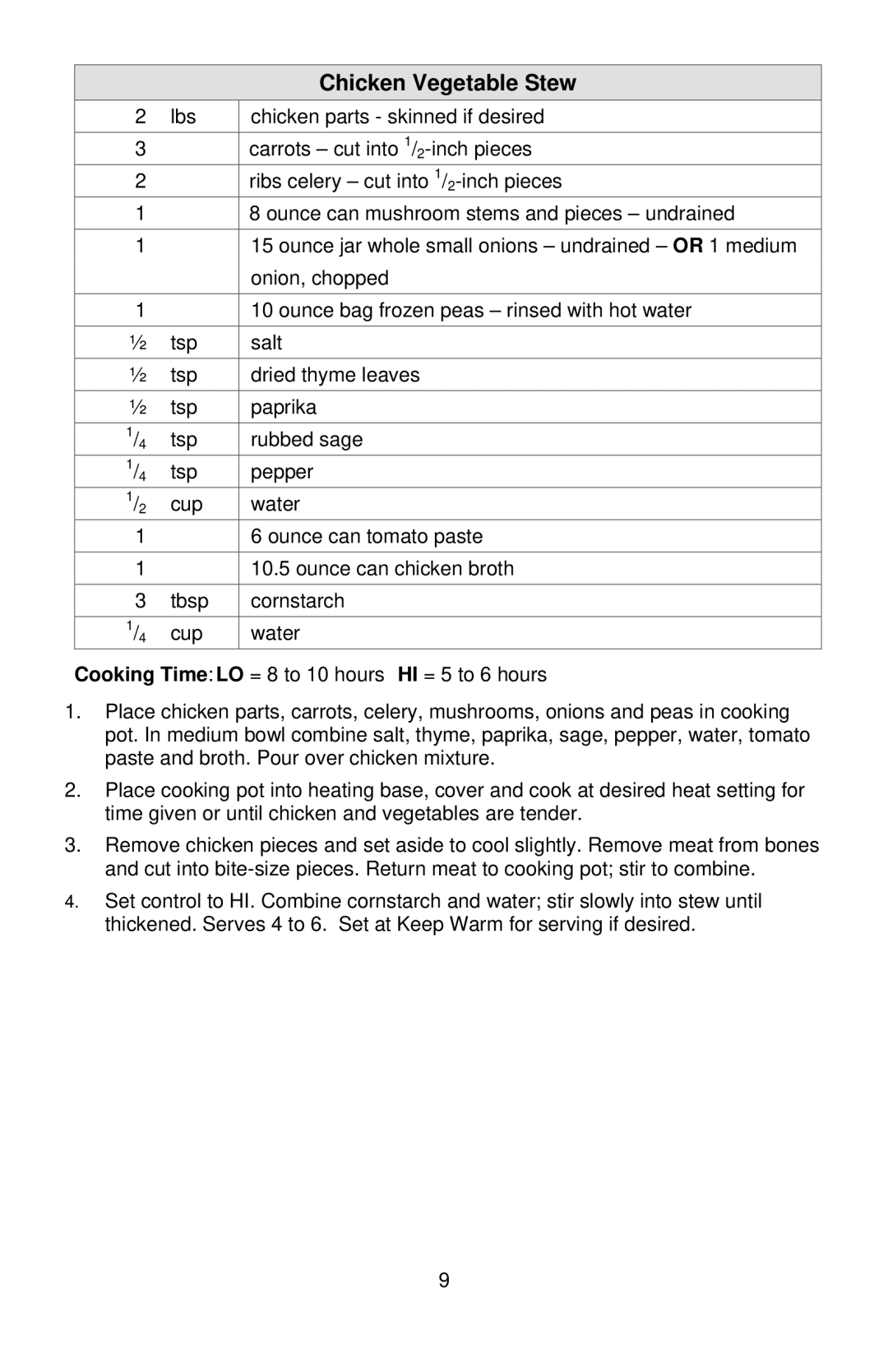 West Bend 3-4 Quart Crockery Cooker instruction manual Chicken Vegetable Stew 