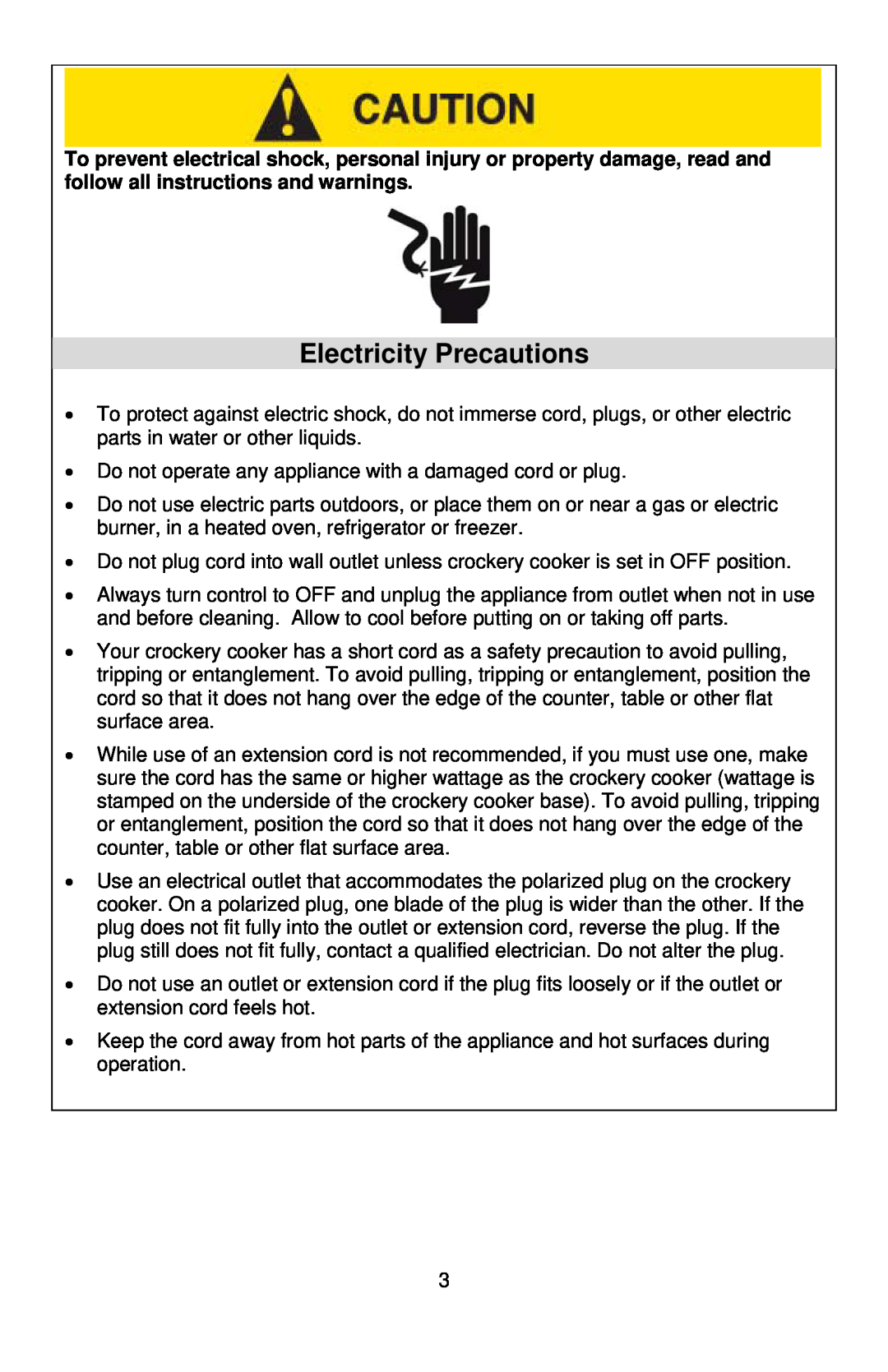 West Bend 3-4 Quart Crockery Cooker instruction manual Electricity Precautions 