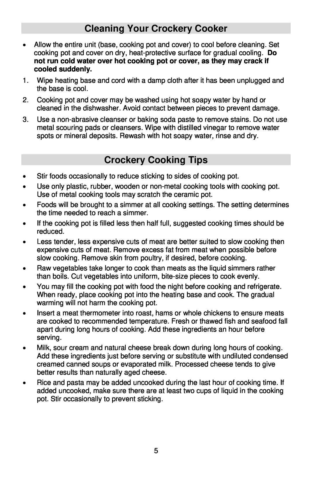 West Bend 3-4 Quart Crockery Cooker instruction manual Cleaning Your Crockery Cooker, Crockery Cooking Tips 