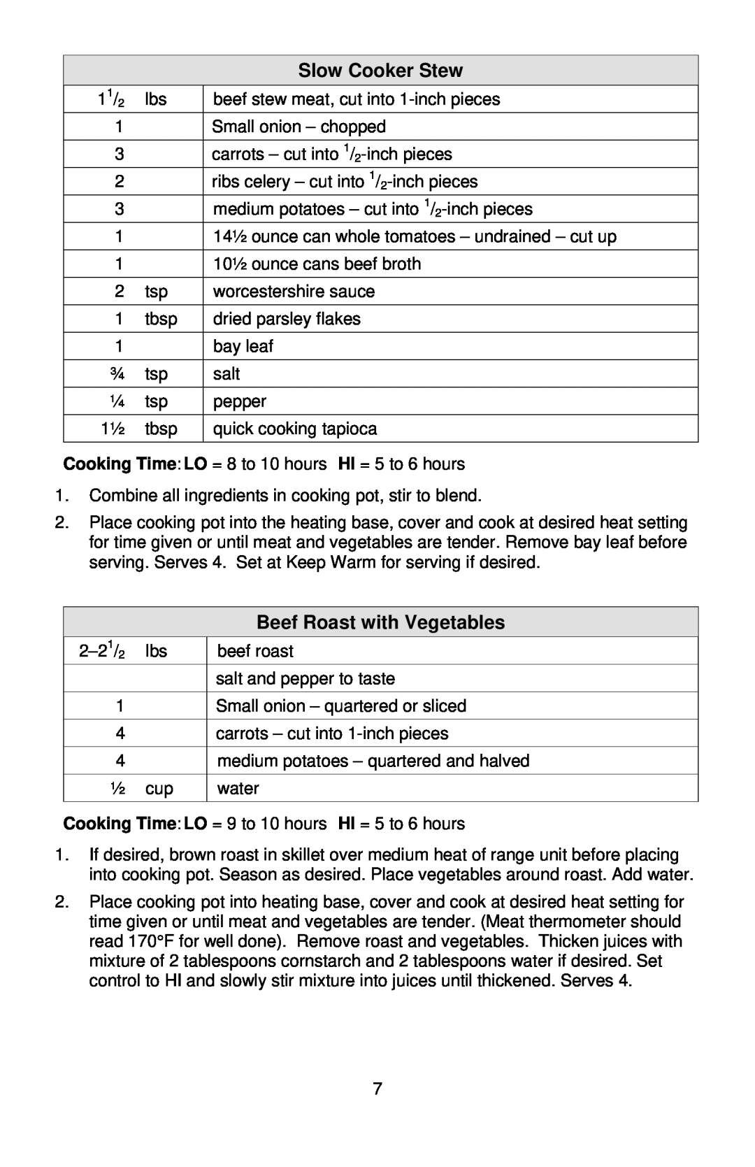 West Bend 3-4 Quart Crockery Cooker instruction manual Slow Cooker Stew, Beef Roast with Vegetables 