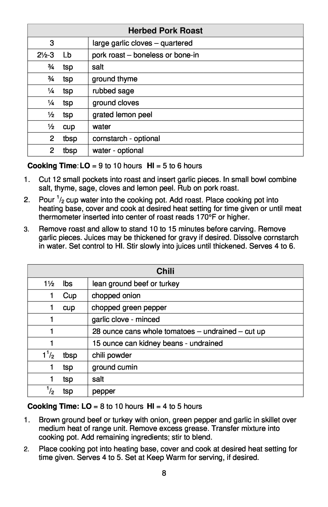 West Bend 3-4 Quart Crockery Cooker instruction manual Herbed Pork Roast, Chili 