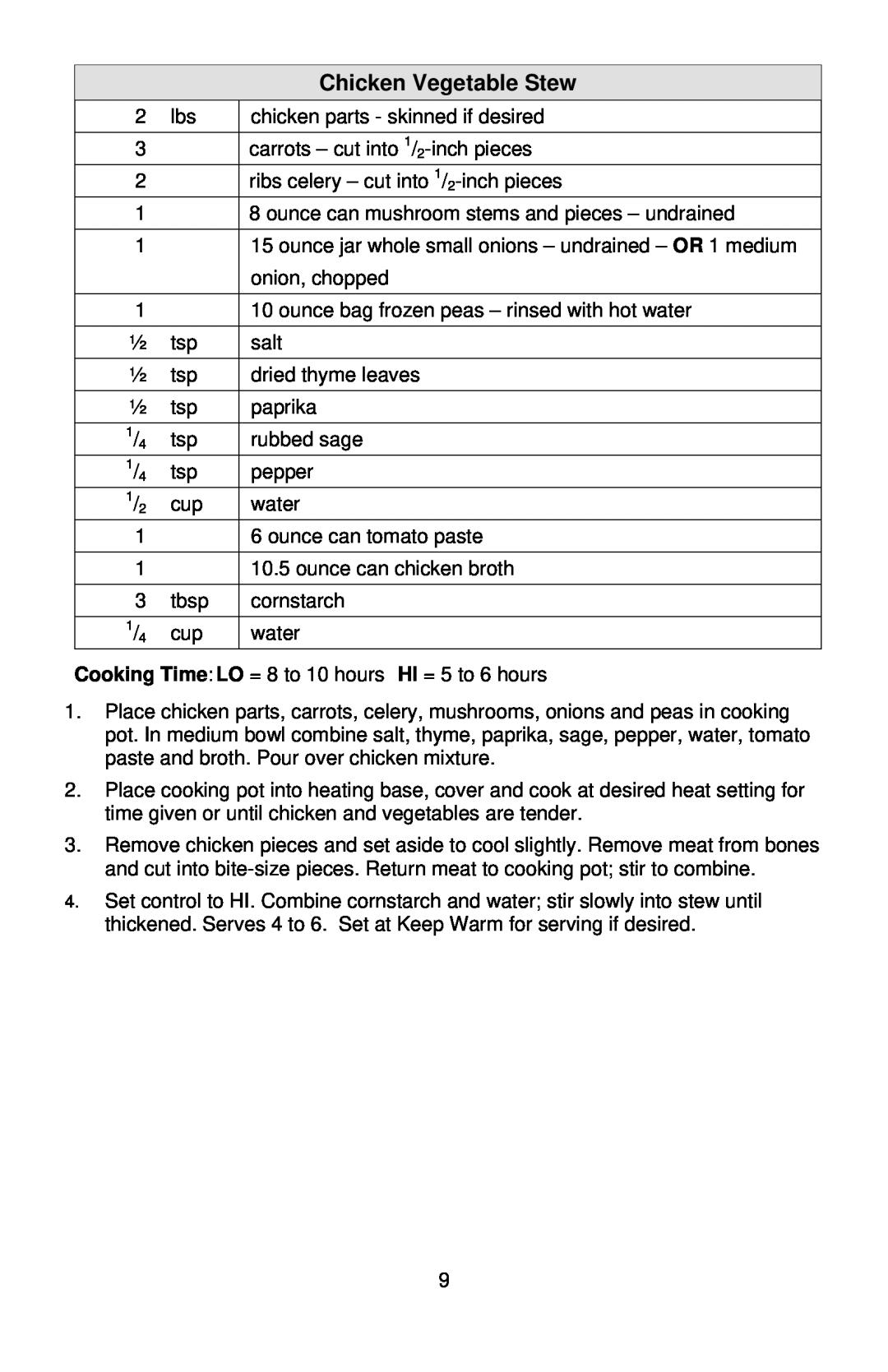 West Bend 3-4 Quart Crockery Cooker instruction manual Chicken Vegetable Stew 