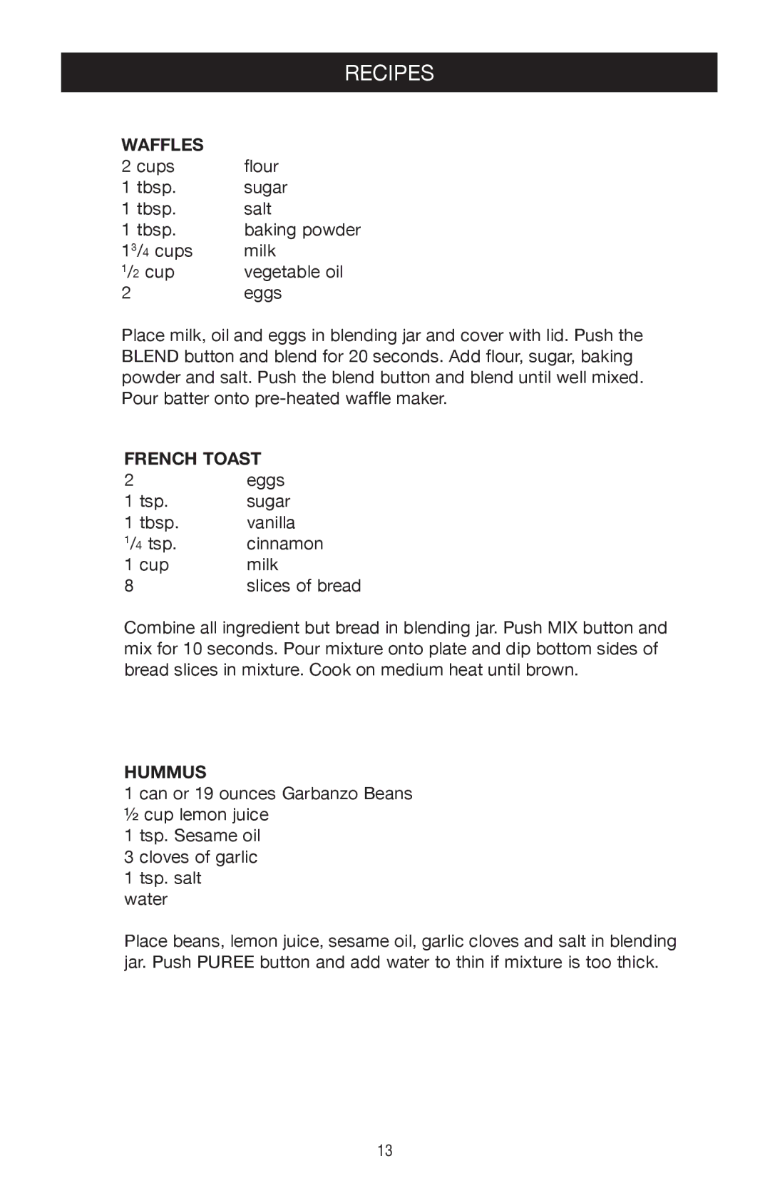 West Bend 3000 manual Waffles, French Toast, Hummus 