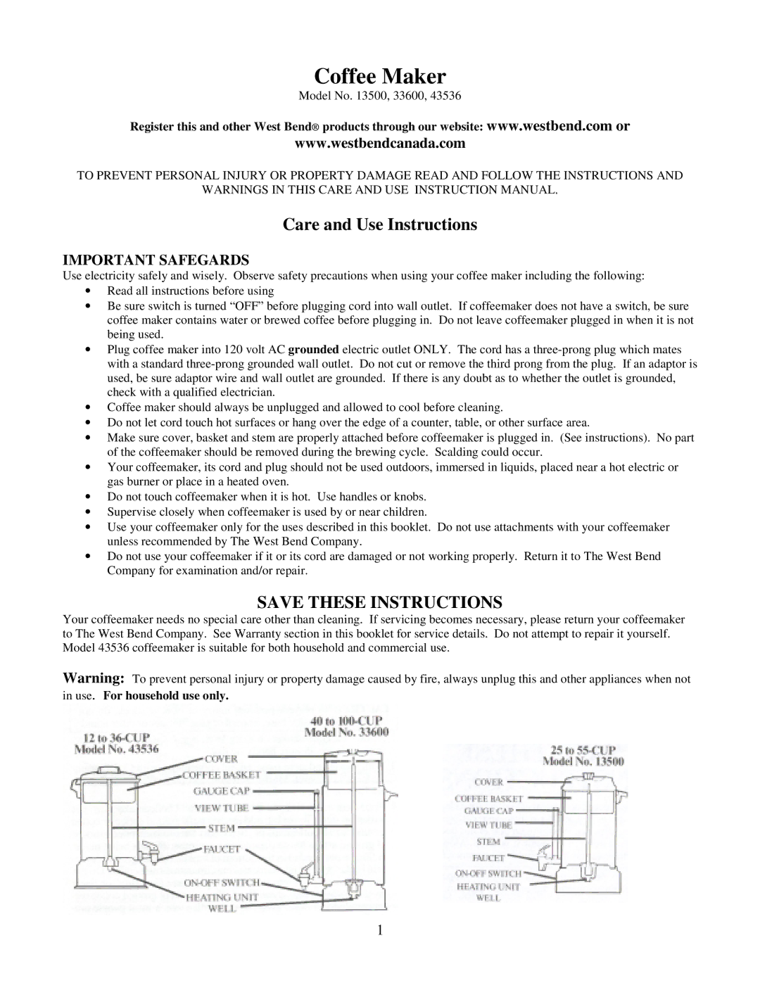 West Bend 13500, 33600, 43536 instruction manual Coffee Maker, Important Safegards 