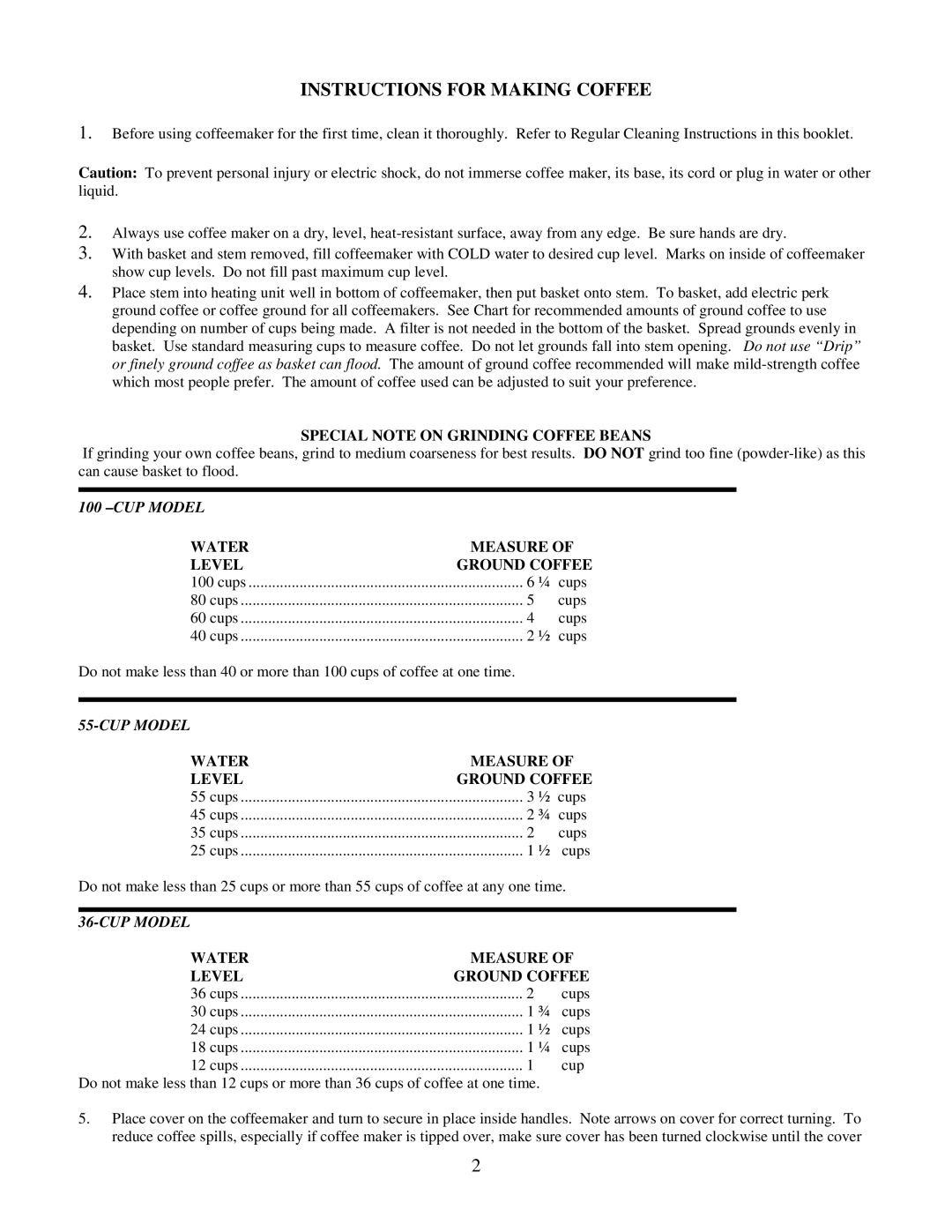 West Bend 43536, 33600, 13500 instruction manual Instructions for Making Coffee, Special Note on Grinding Coffee Beans 