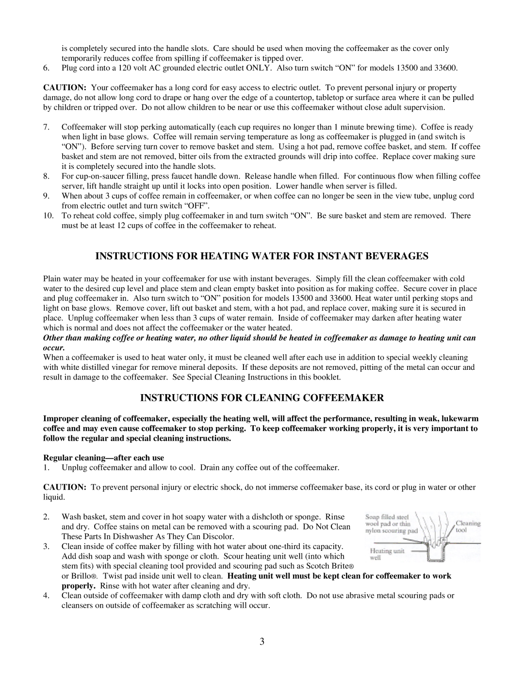 West Bend 33600, 13500, 43536 Instructions for Heating Water for Instant Beverages, Instructions for Cleaning Coffeemaker 