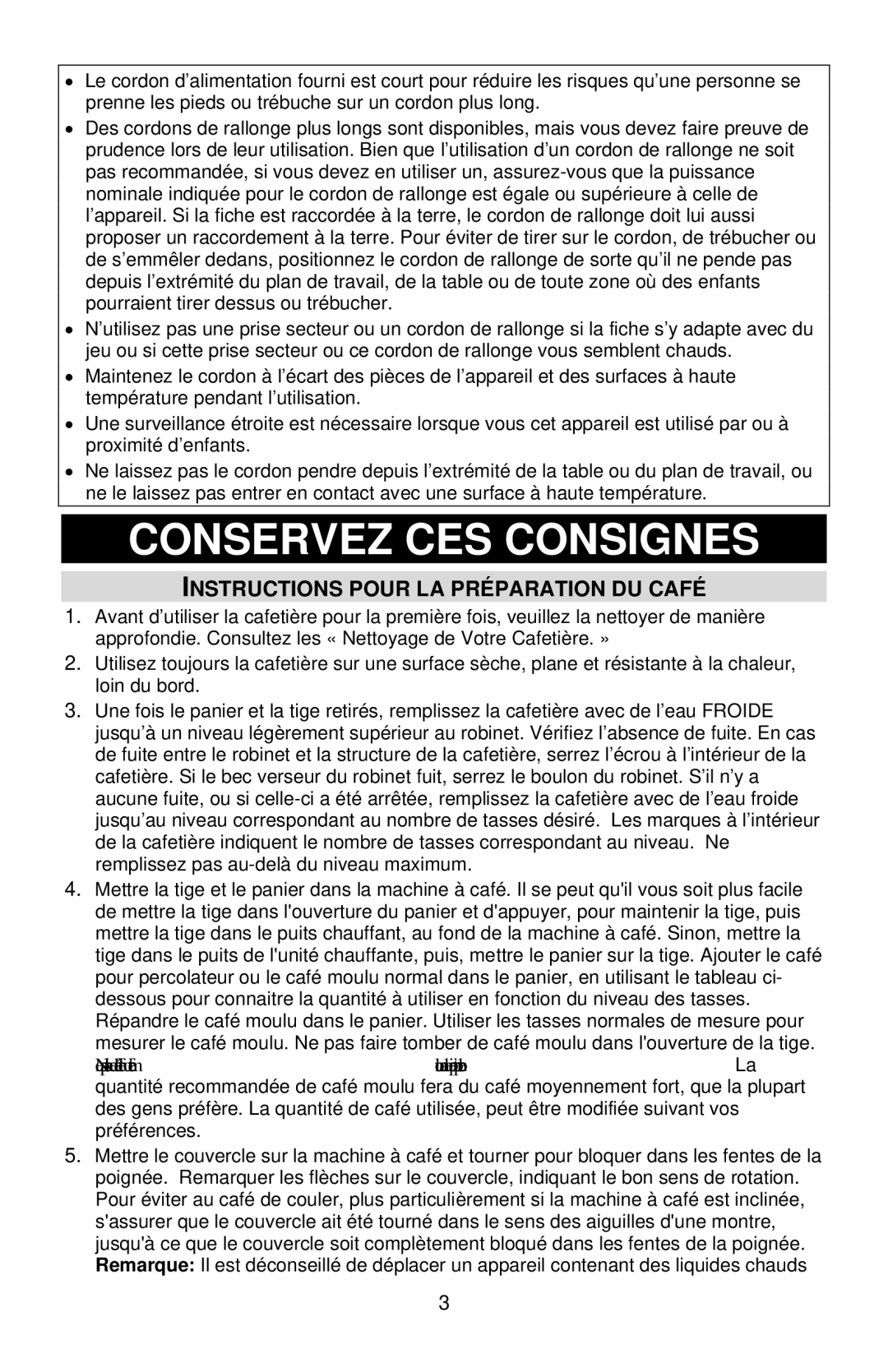 West Bend 33600 instruction manual Conservez CES Consignes, Instructions Pour LA Préparation DU Café 