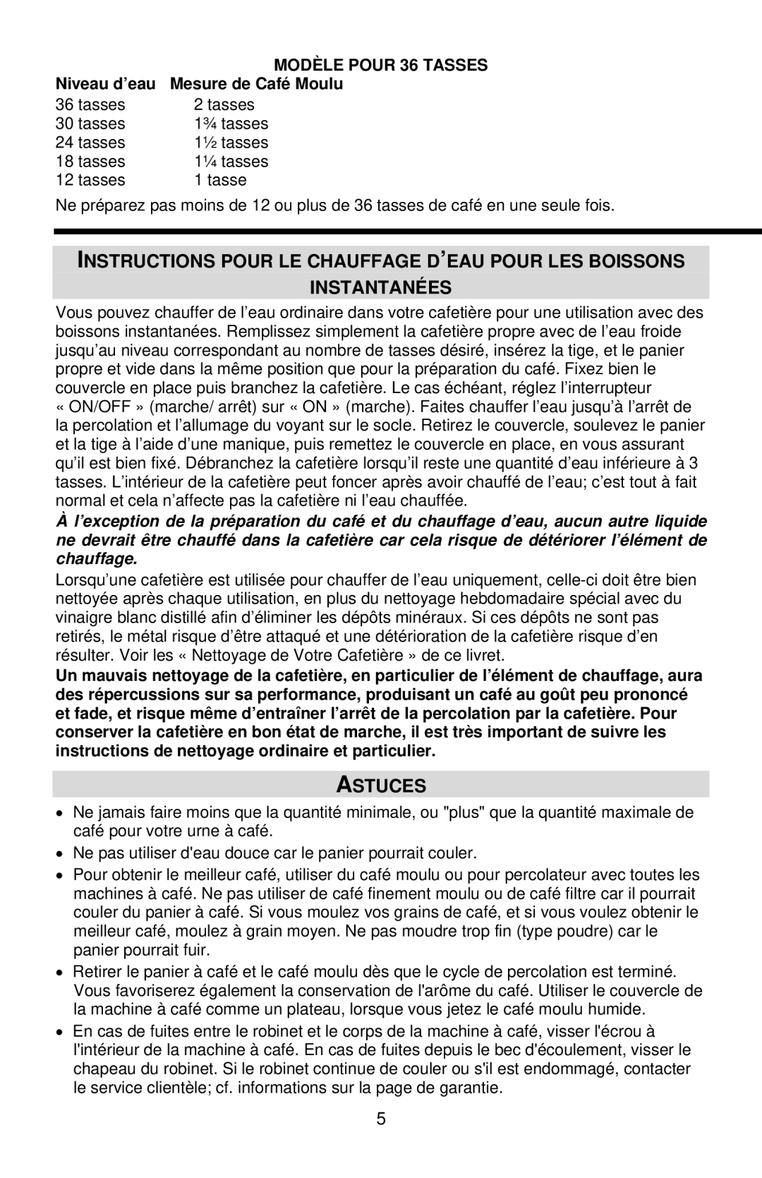 West Bend 33600 instruction manual Astuces, Modèle Pour 36 Tasses 