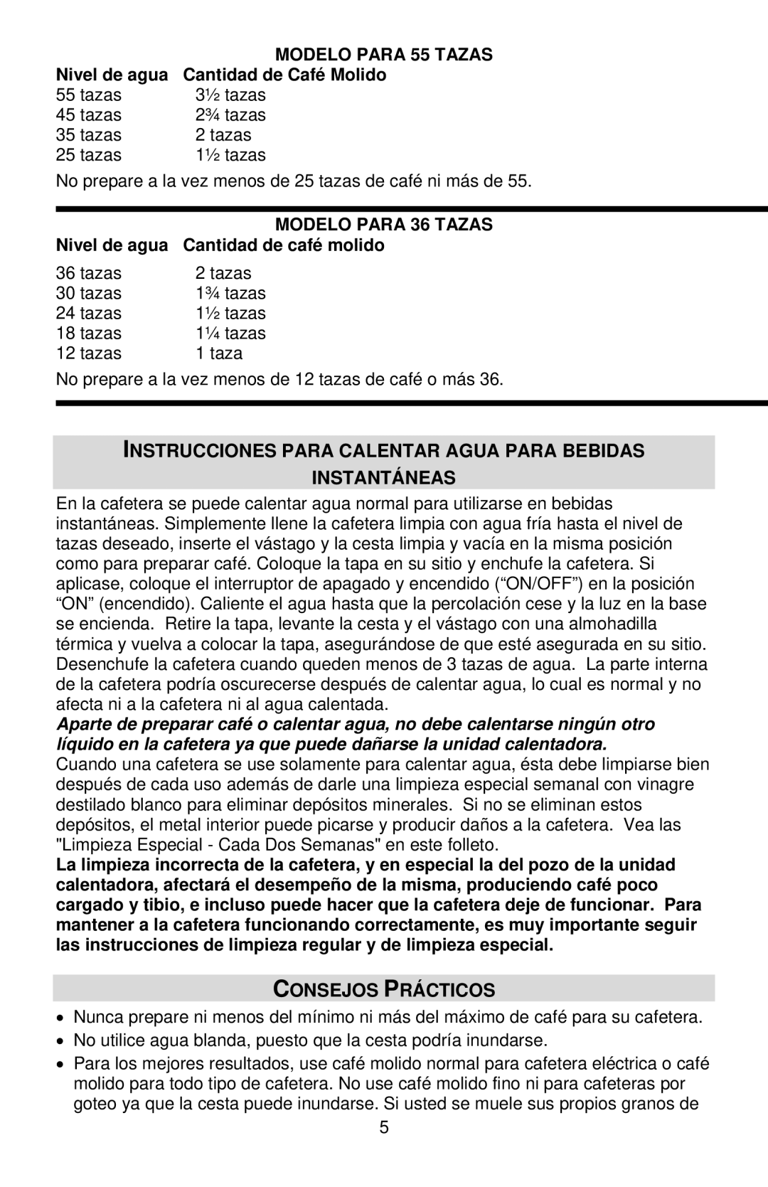 West Bend 33600 instruction manual Instrucciones Para Calentar Agua Para Bebidas Instantáneas, Consejos Prácticos 