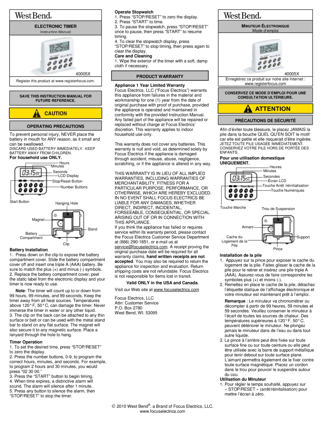 West Bend 40005X warranty Electronic Timer, Operating Precautions, Product Warranty, Précautions DE Sécurité, Uniquement 