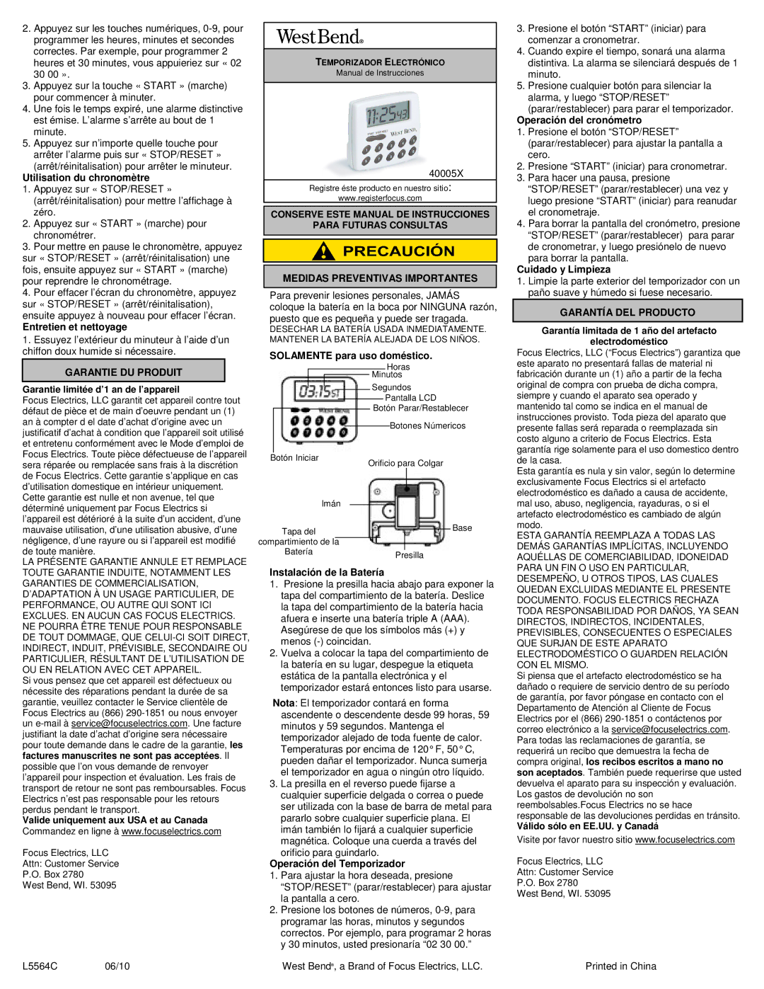 West Bend 40005X warranty Garantie DU Produit, Medidas Preventivas Importantes, Garantía DEL Producto 