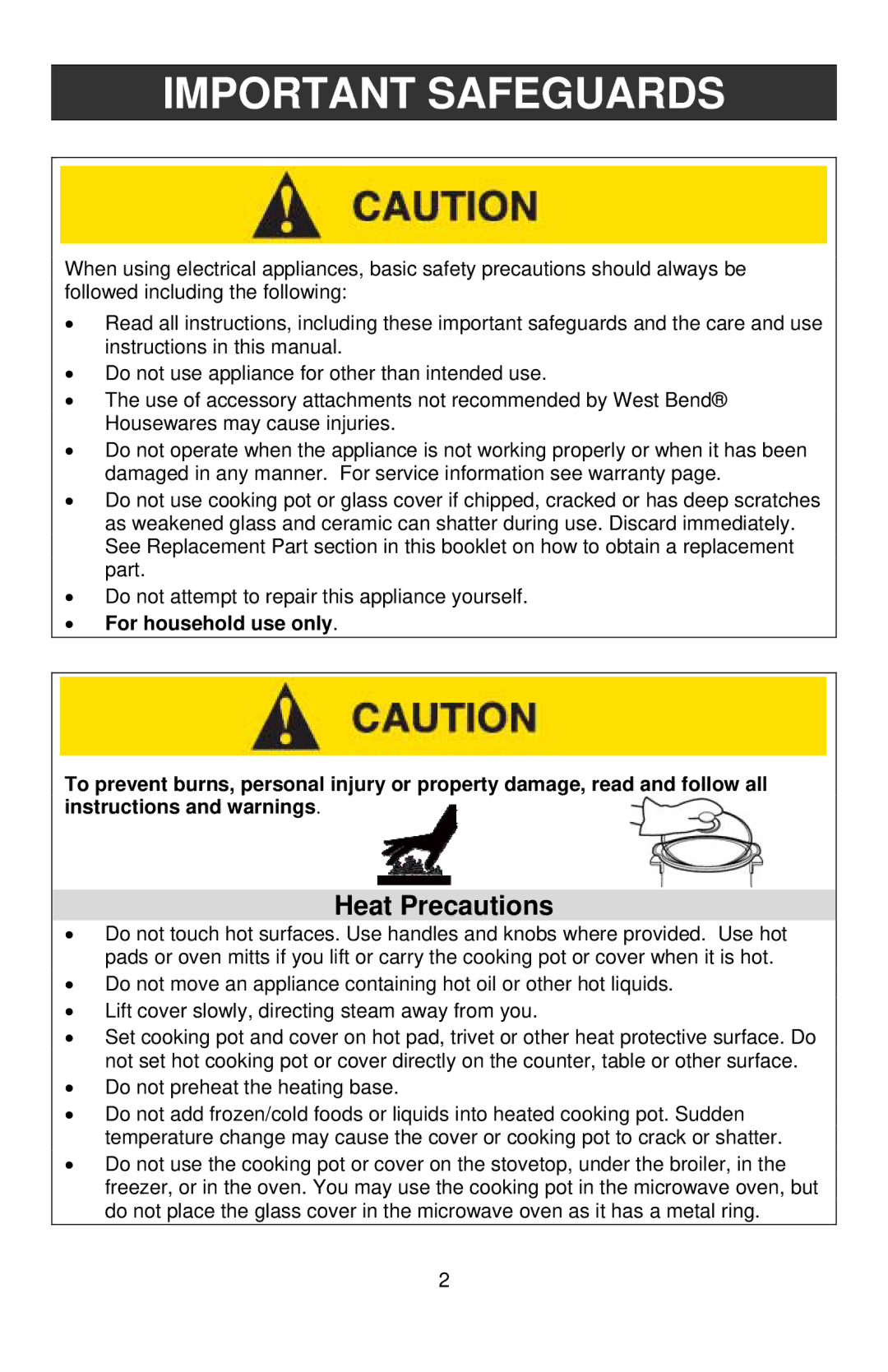 West Bend 5 6 Quart CrockeryTM Cooker instruction manual Important Safeguards, Heat Precautions 