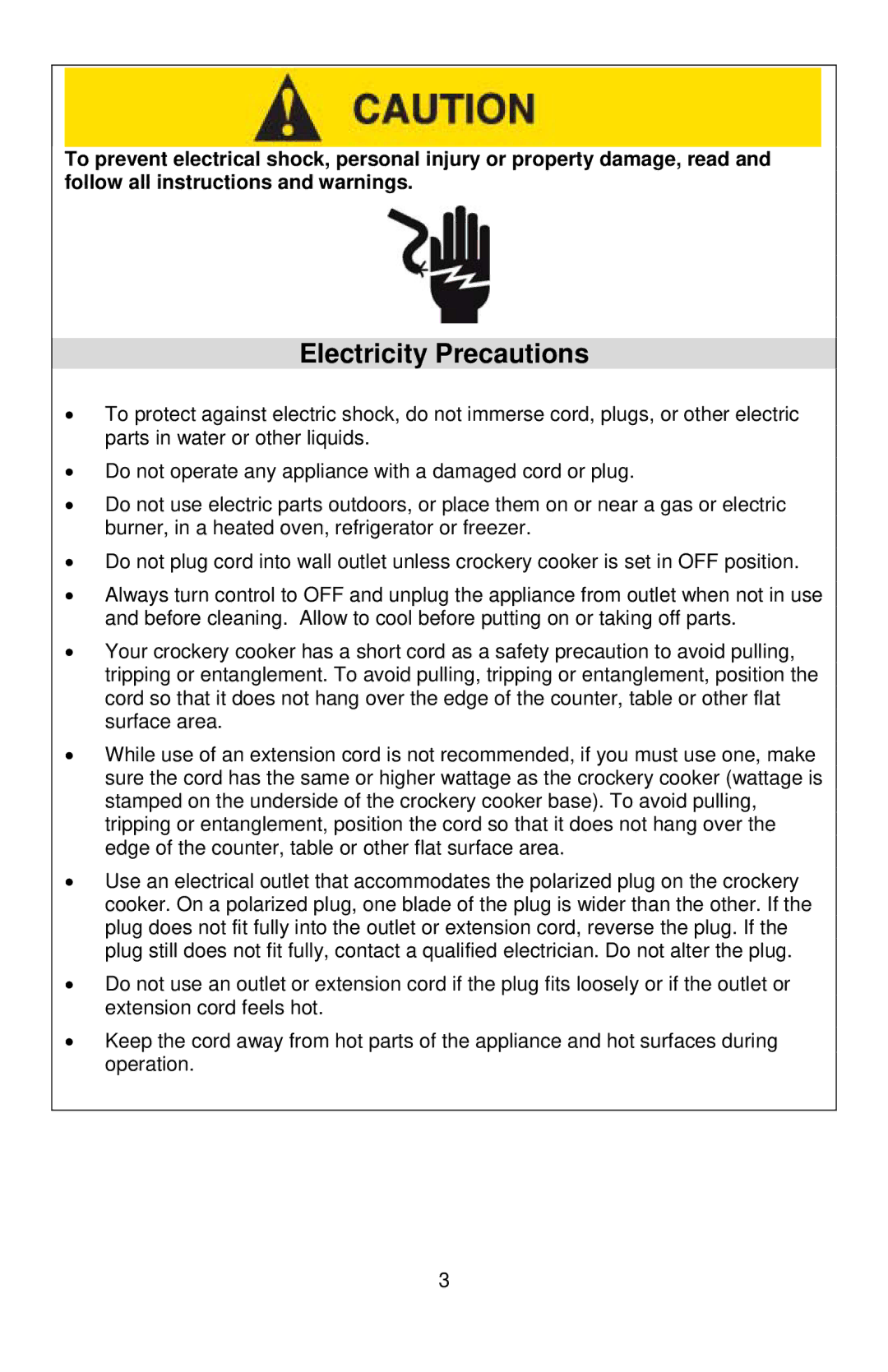 West Bend 5 6 Quart CrockeryTM Cooker instruction manual Electricity Precautions 