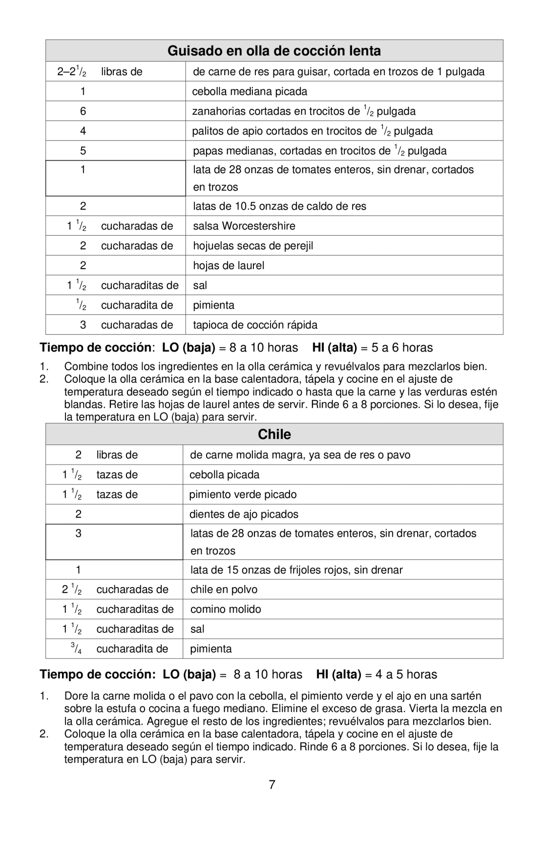 West Bend 5 6 Quart CrockeryTM Cooker instruction manual Guisado en olla de cocción lenta, Chile 