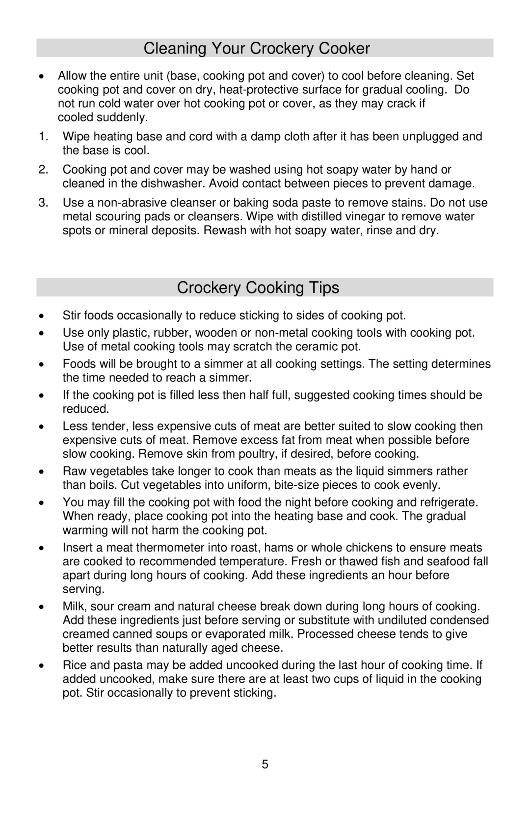 West Bend 5 6 Quart CrockeryTM Cooker instruction manual Cleaning Your Crockery Cooker, Crockery Cooking Tips 