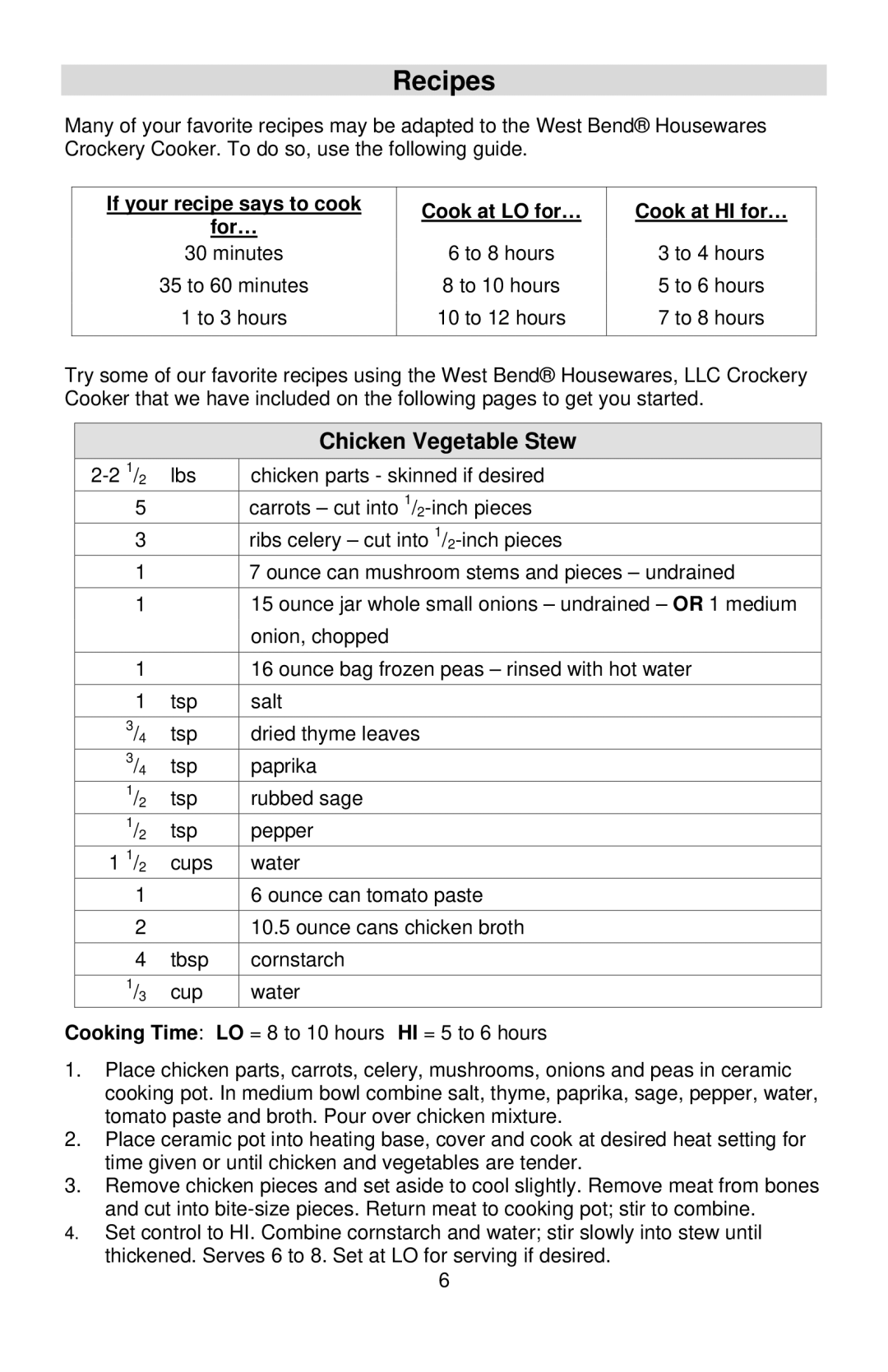 West Bend 5 6 Quart CrockeryTM Cooker instruction manual Recipes, Chicken Vegetable Stew 