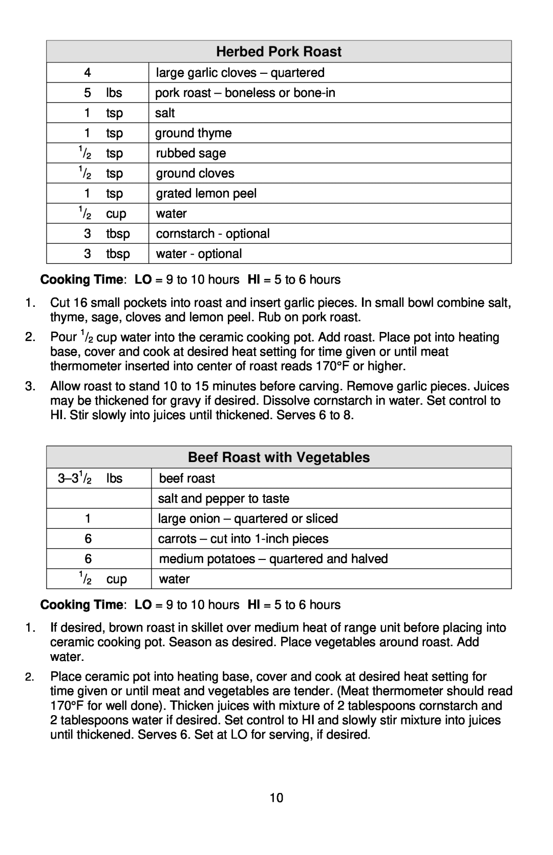 West Bend 5 6 Quart CrockeryTM Cooker instruction manual Herbed Pork Roast, Beef Roast with Vegetables, Cooking Time 