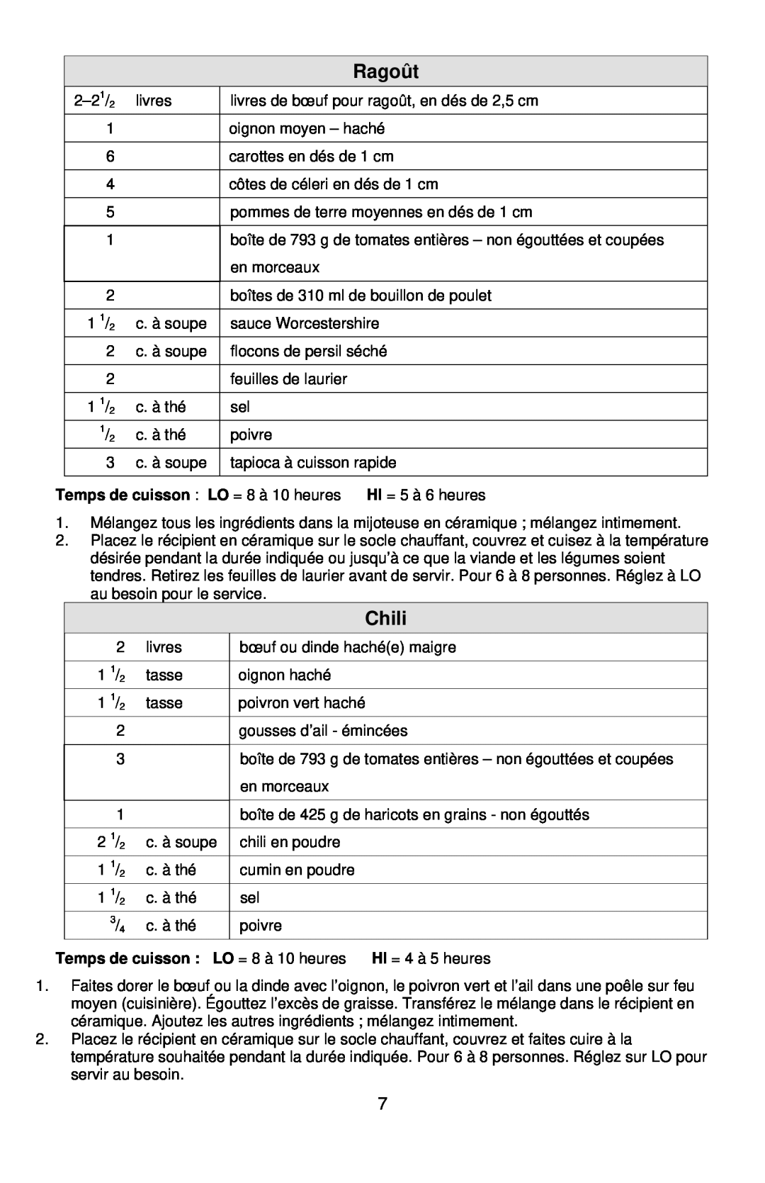 West Bend 5 6 Quart CrockeryTM Cooker instruction manual Ragoût, Chili 