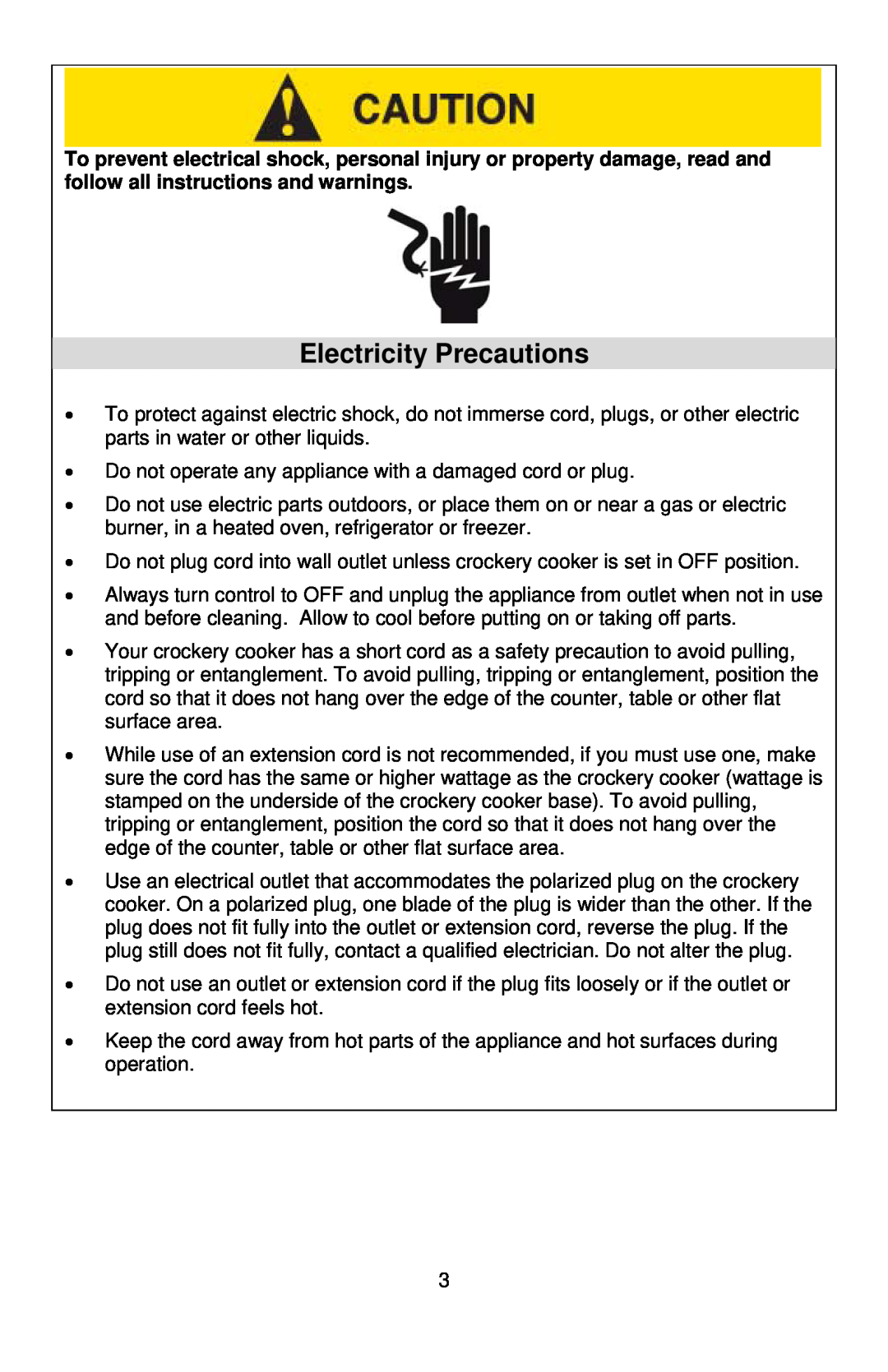 West Bend 5 6 Quart CrockeryTM Cooker instruction manual Electricity Precautions 