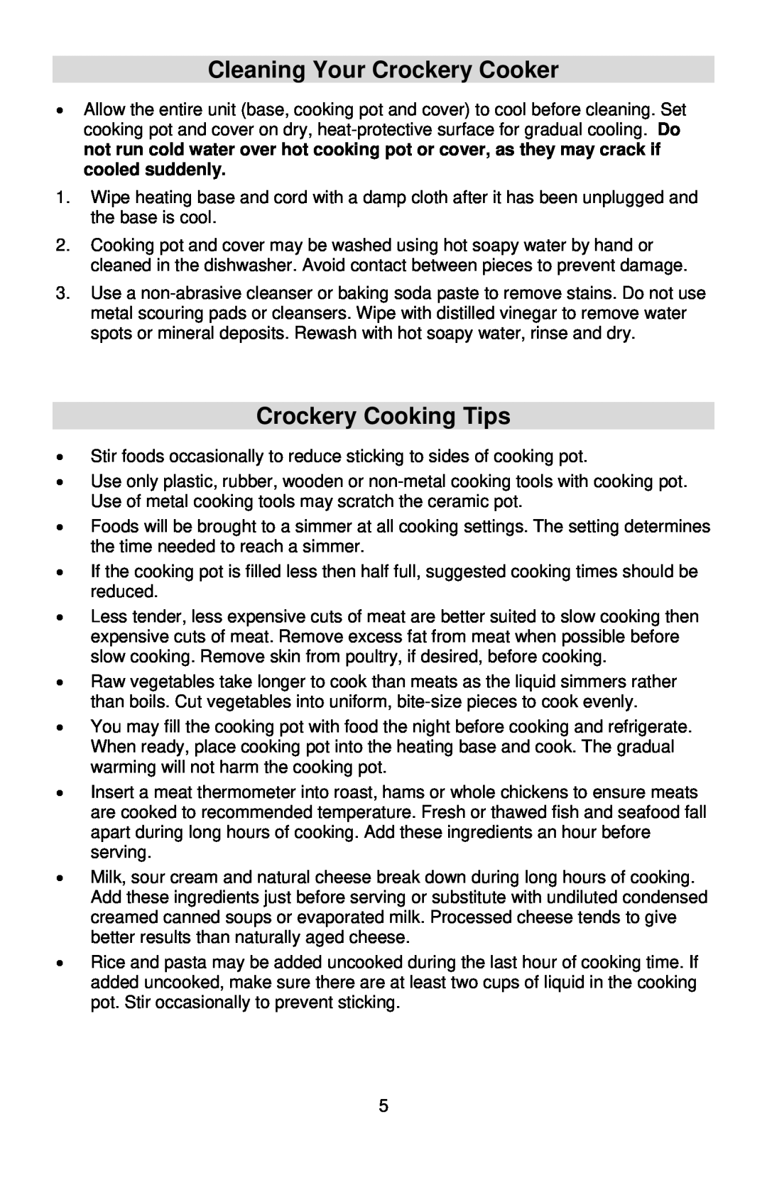West Bend 5 6 Quart CrockeryTM Cooker instruction manual Cleaning Your Crockery Cooker, Crockery Cooking Tips 