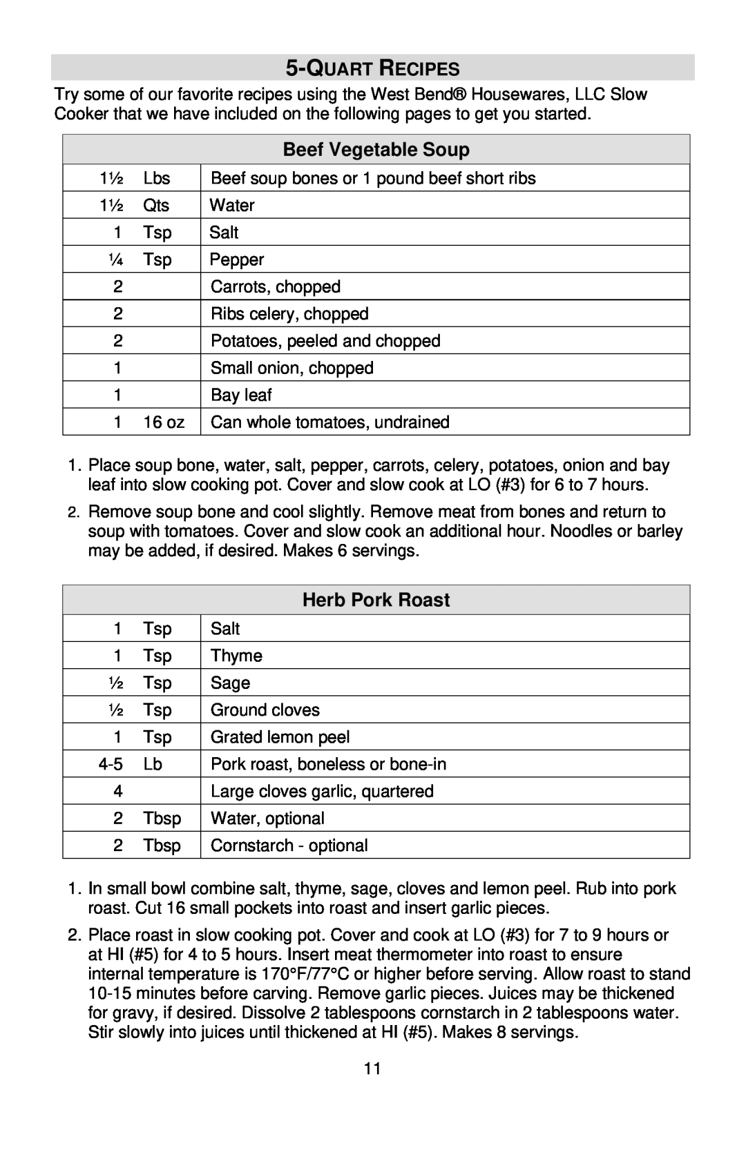 West Bend 5-6 QUART SLOW COOKERS instruction manual Quart Recipes, Beef Vegetable Soup, Herb Pork Roast 