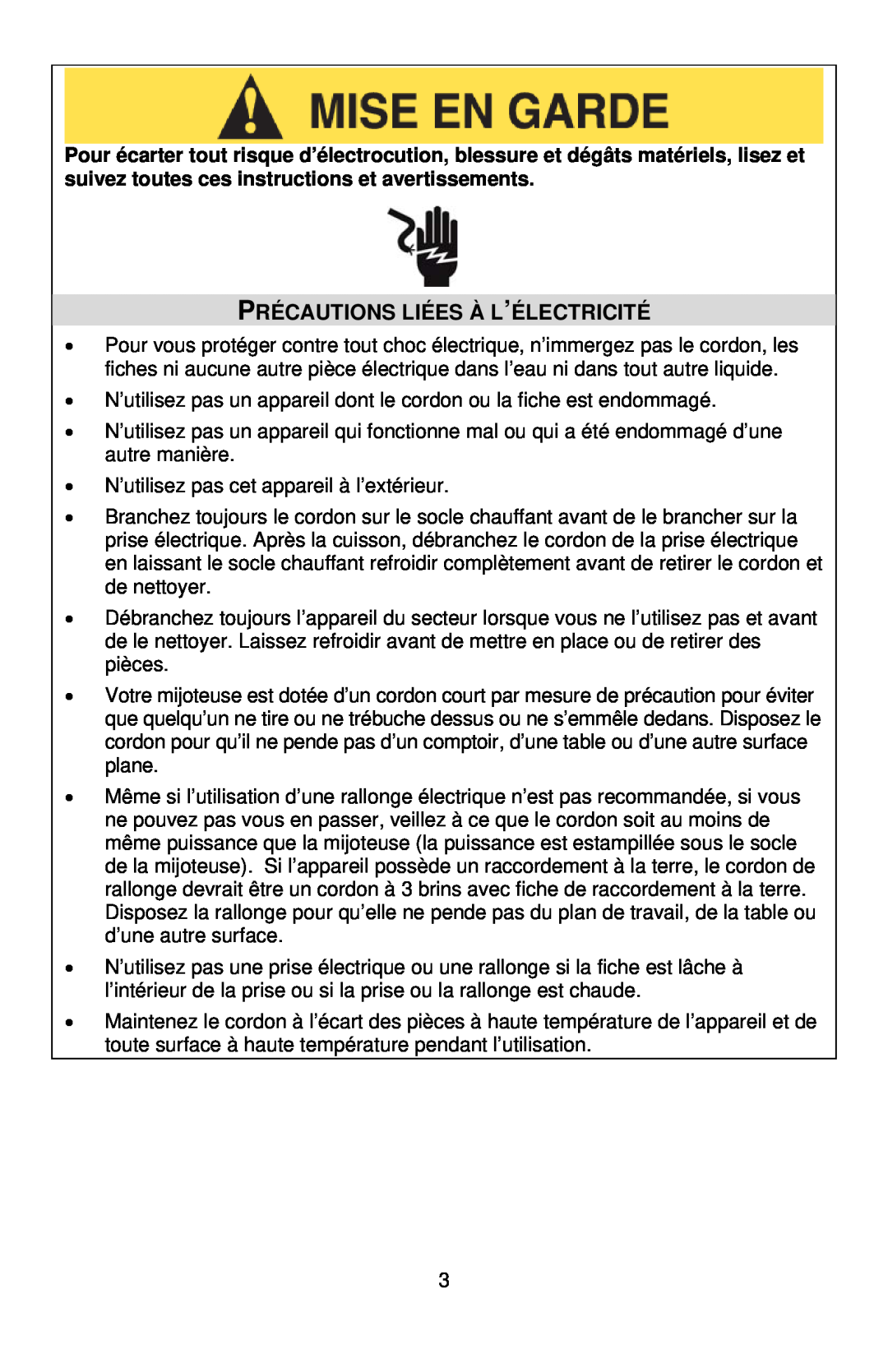 West Bend 5-6 QUART SLOW COOKERS instruction manual Précautions Liées À L’Électricité 