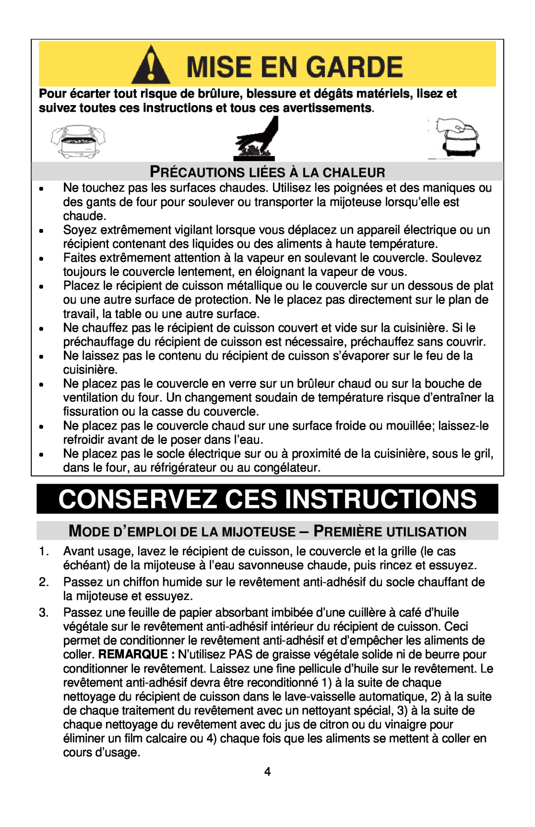 West Bend 5-6 QUART SLOW COOKERS instruction manual Conservez Ces Instructions, Précautions Liées À La Chaleur 