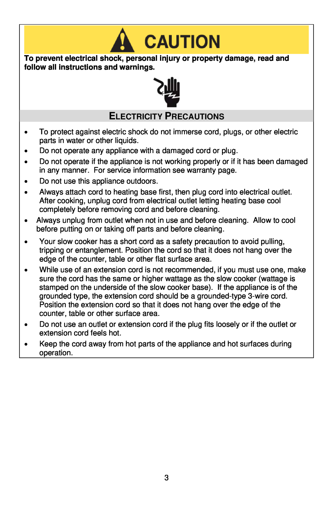 West Bend 5-6 QUART SLOW COOKERS instruction manual Electricity Precautions 