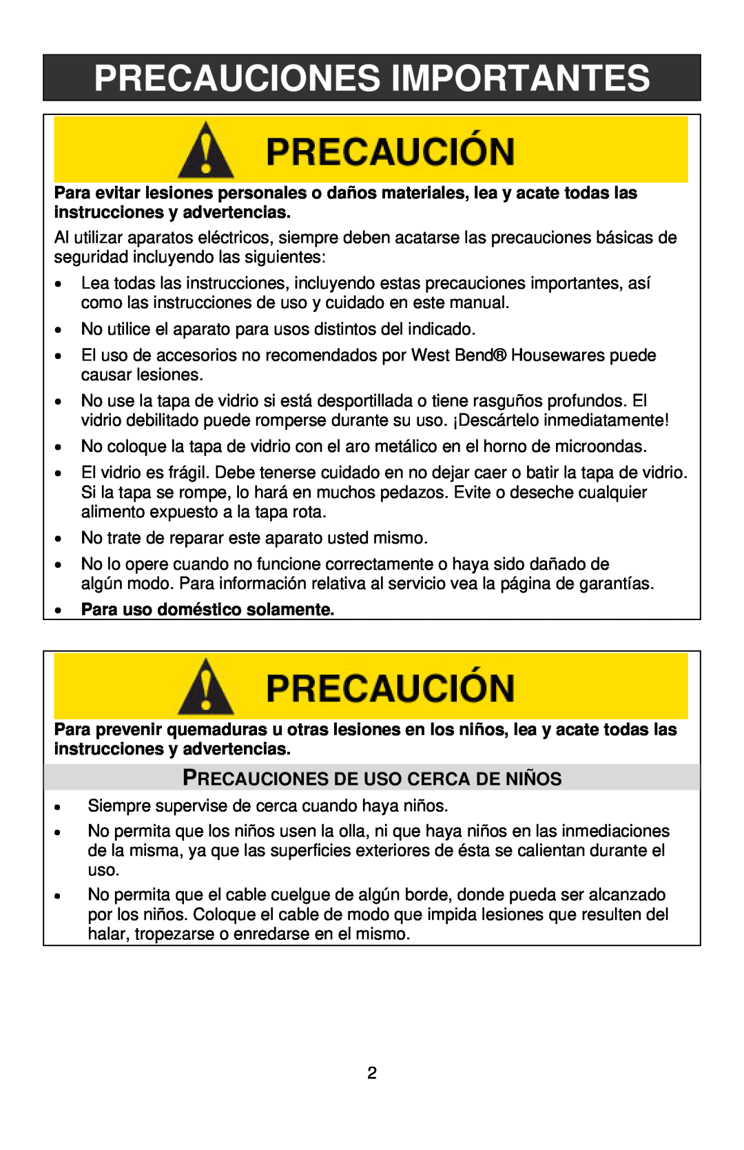 West Bend 5-6 QUART SLOW COOKERS instruction manual Precauciones Importantes, Precauciones De Uso Cerca De Niños 