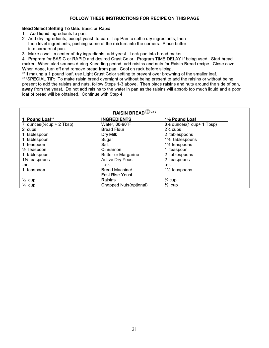 West Bend 5225 Follow These Instructions for Recipe on this, Bead Select Setting To Use Basic or Rapid, Raisin Bread 