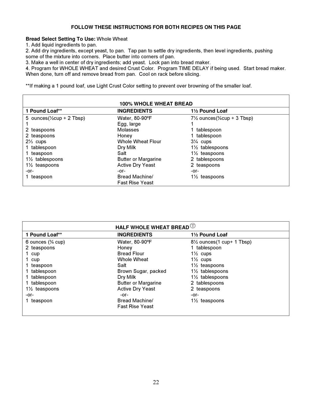 West Bend 5225, I quick start Bread Select Setting To Use Whole Wheat, 100% Whole Wheat Bread, Half Whole Wheat Bread 