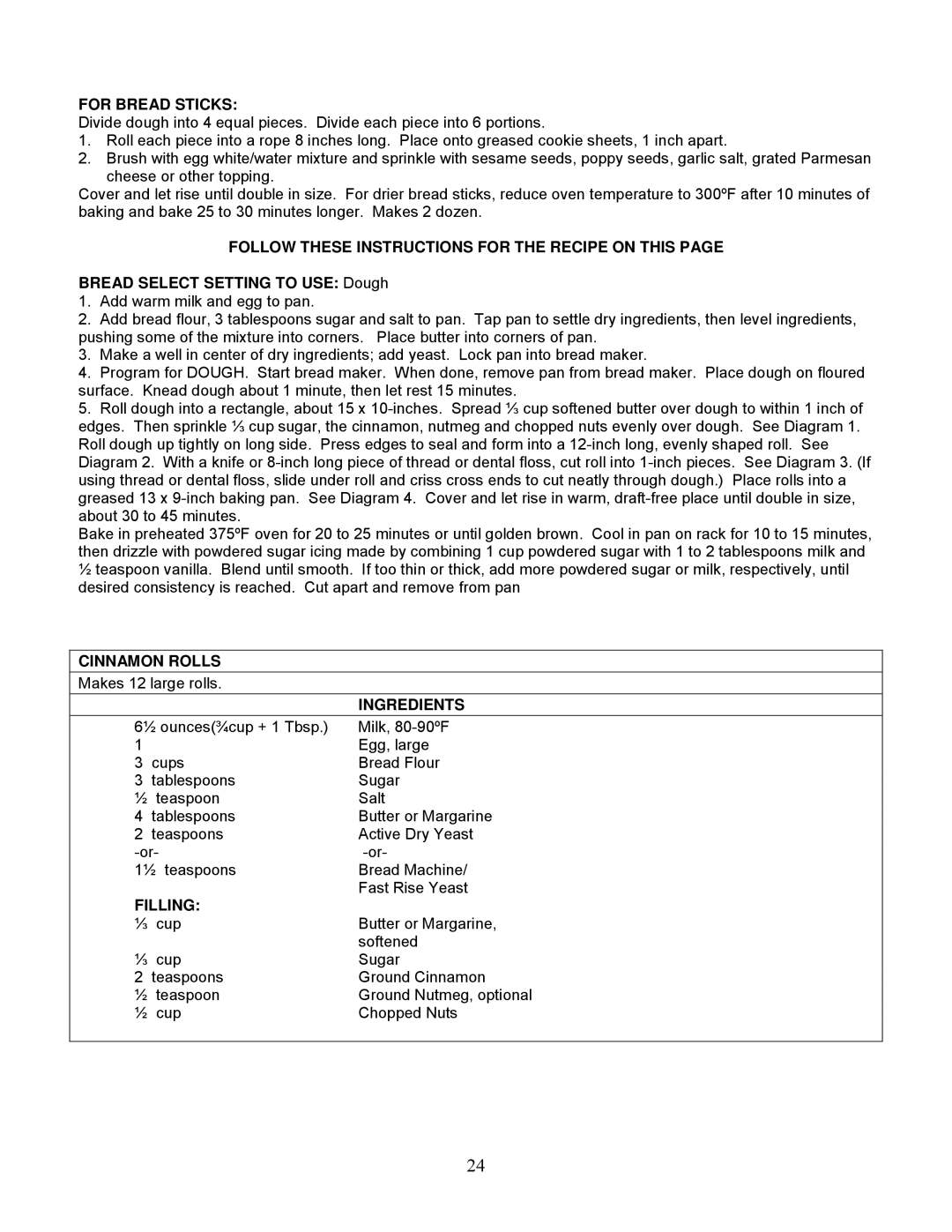 West Bend 5225 quick start For Bread Sticks, Follow These Instructions for the Recipe on this, Cinnamon Rolls, Filling 