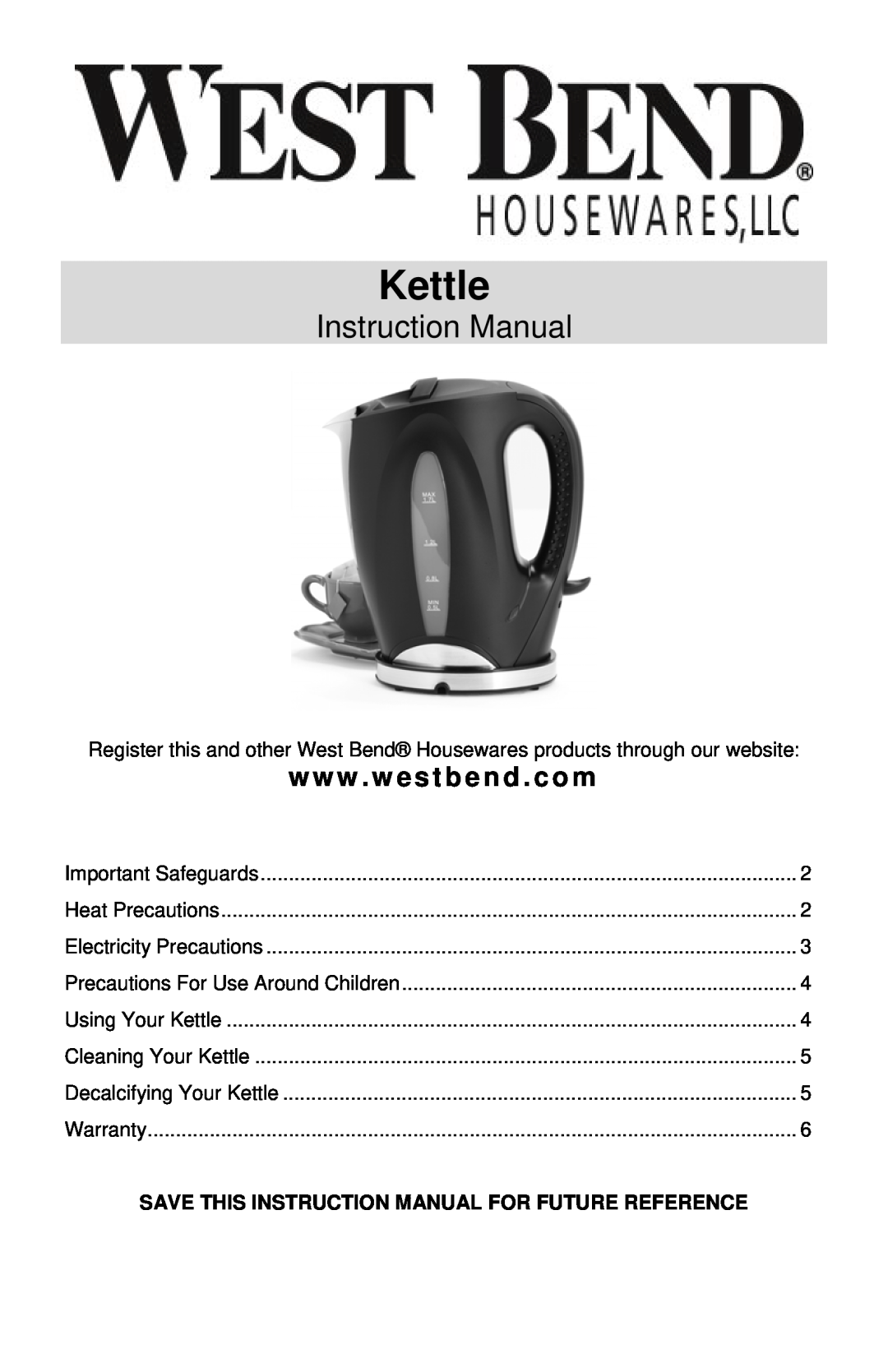 West Bend 53783 instruction manual Kettle, www . westbend . com 