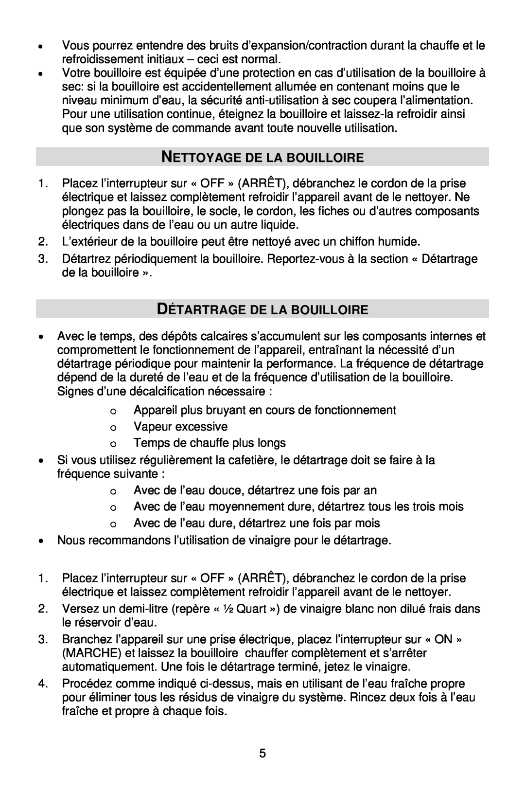 West Bend 53783 instruction manual Nettoyage De La Bouilloire, Détartrage De La Bouilloire 