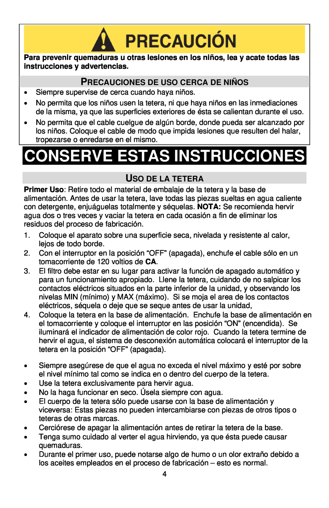 West Bend 53783 instruction manual Conserve Estas Instrucciones, Precauciones De Uso Cerca De Niños, Uso De La Tetera 