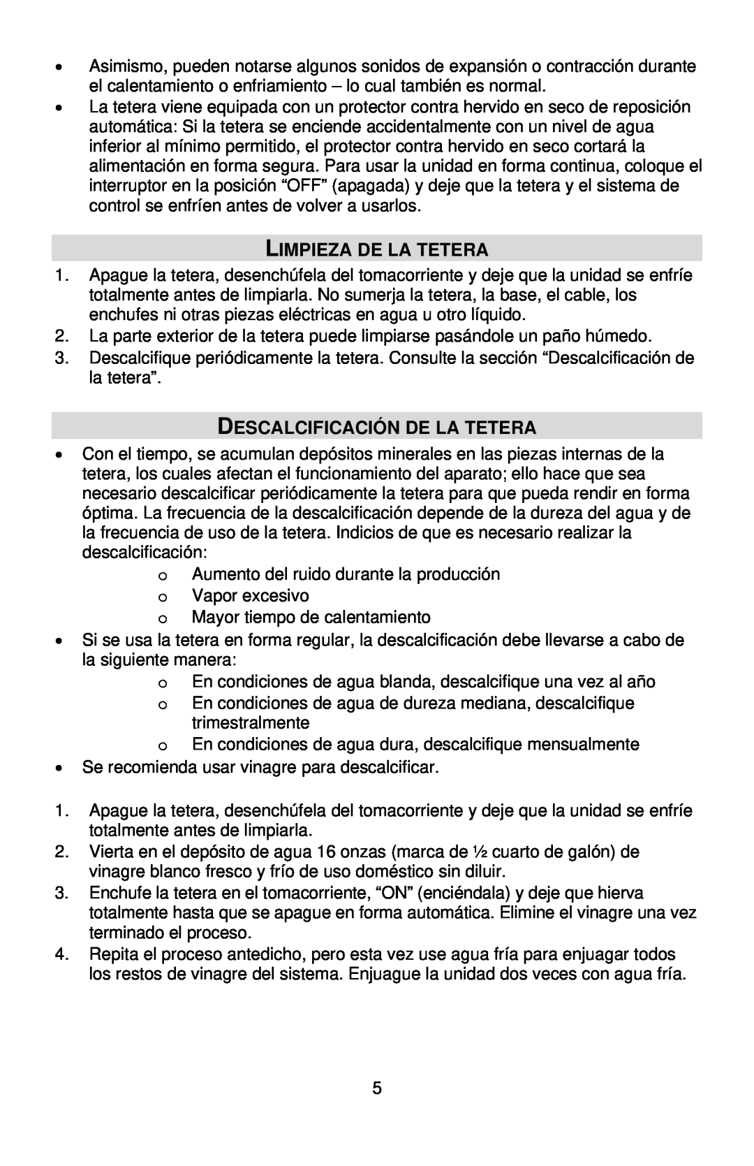 West Bend 53783 instruction manual Limpieza De La Tetera, Descalcificación De La Tetera 