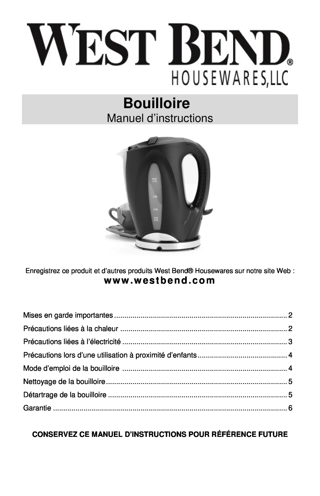 West Bend 53783 instruction manual Bouilloire, Manuel d’instructions, www . westbend . com 