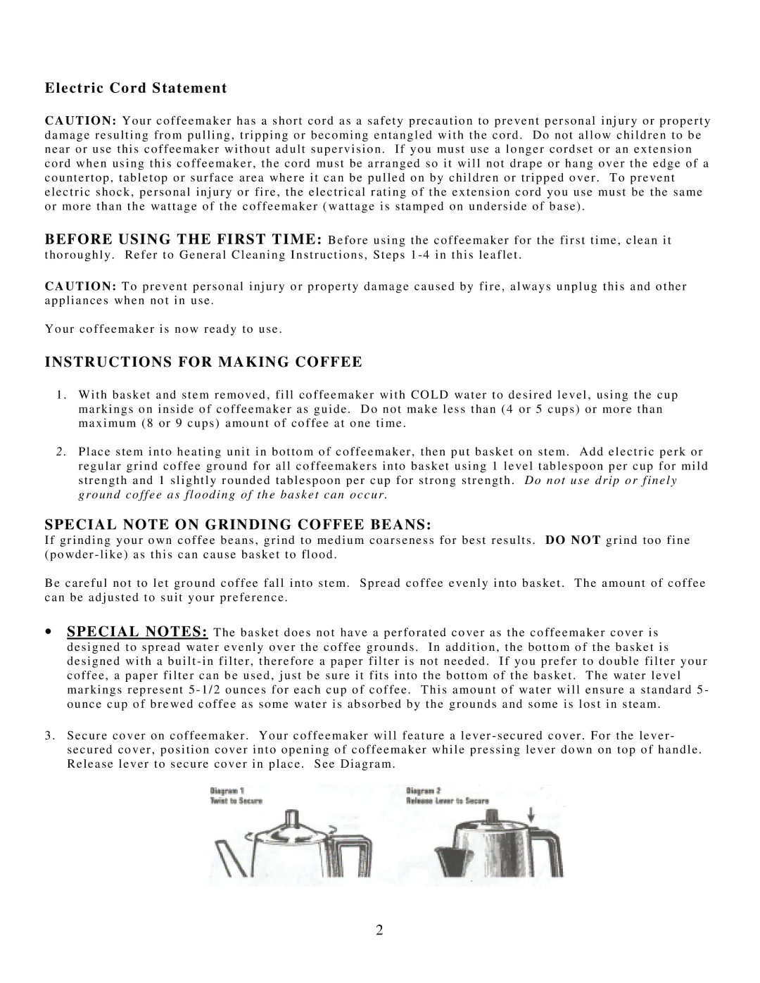 West Bend 54129 manual Instructions for Making Coffee, Special Note on Grinding Coffee Beans 