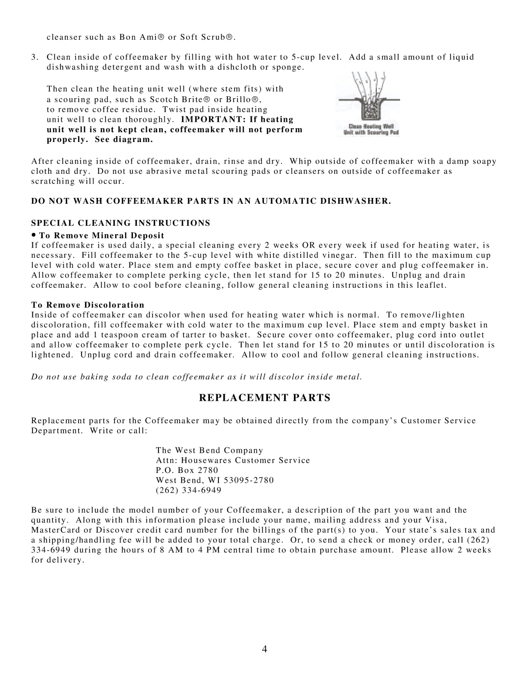 West Bend 54129 manual Replacement Parts, To Remove Mineral Deposit 