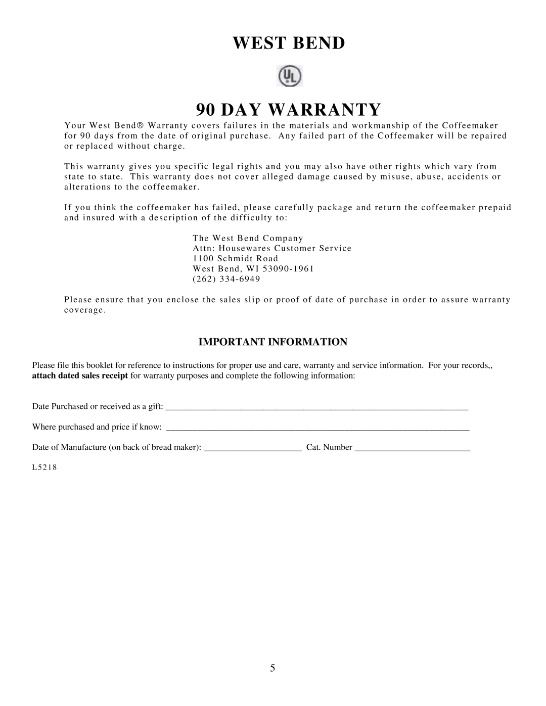 West Bend 54129 manual West Bend DAY Warranty, Important Information 