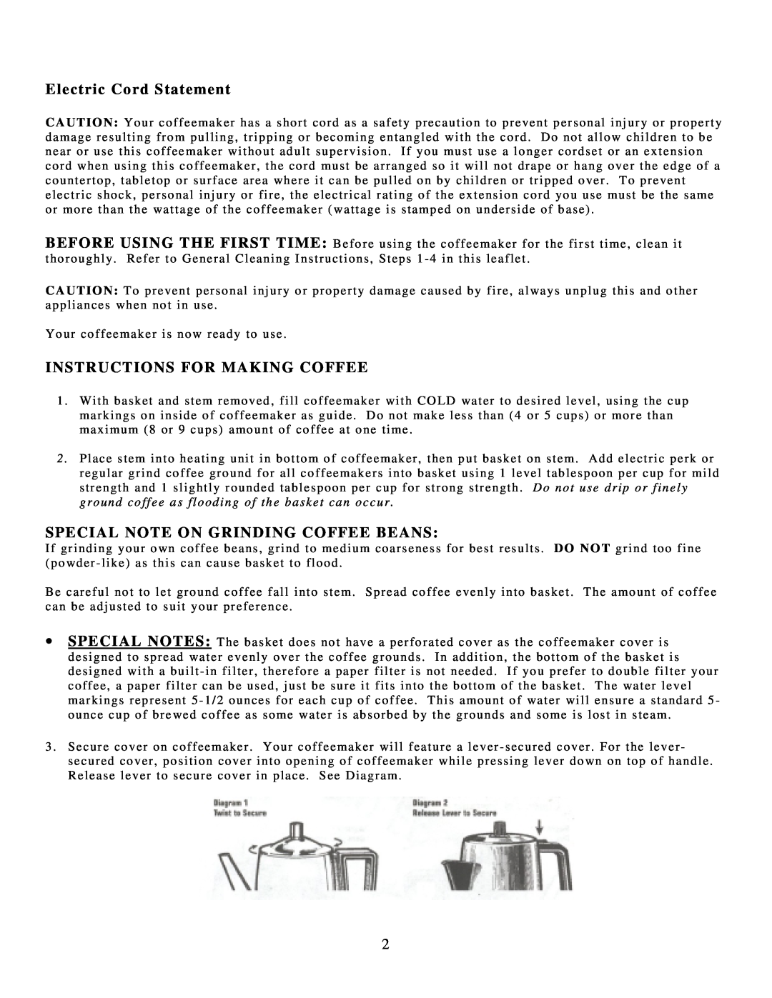 West Bend 54129 manual Electric Cord Statement, Instructions For Making Coffee, Special Note On Grinding Coffee Beans 