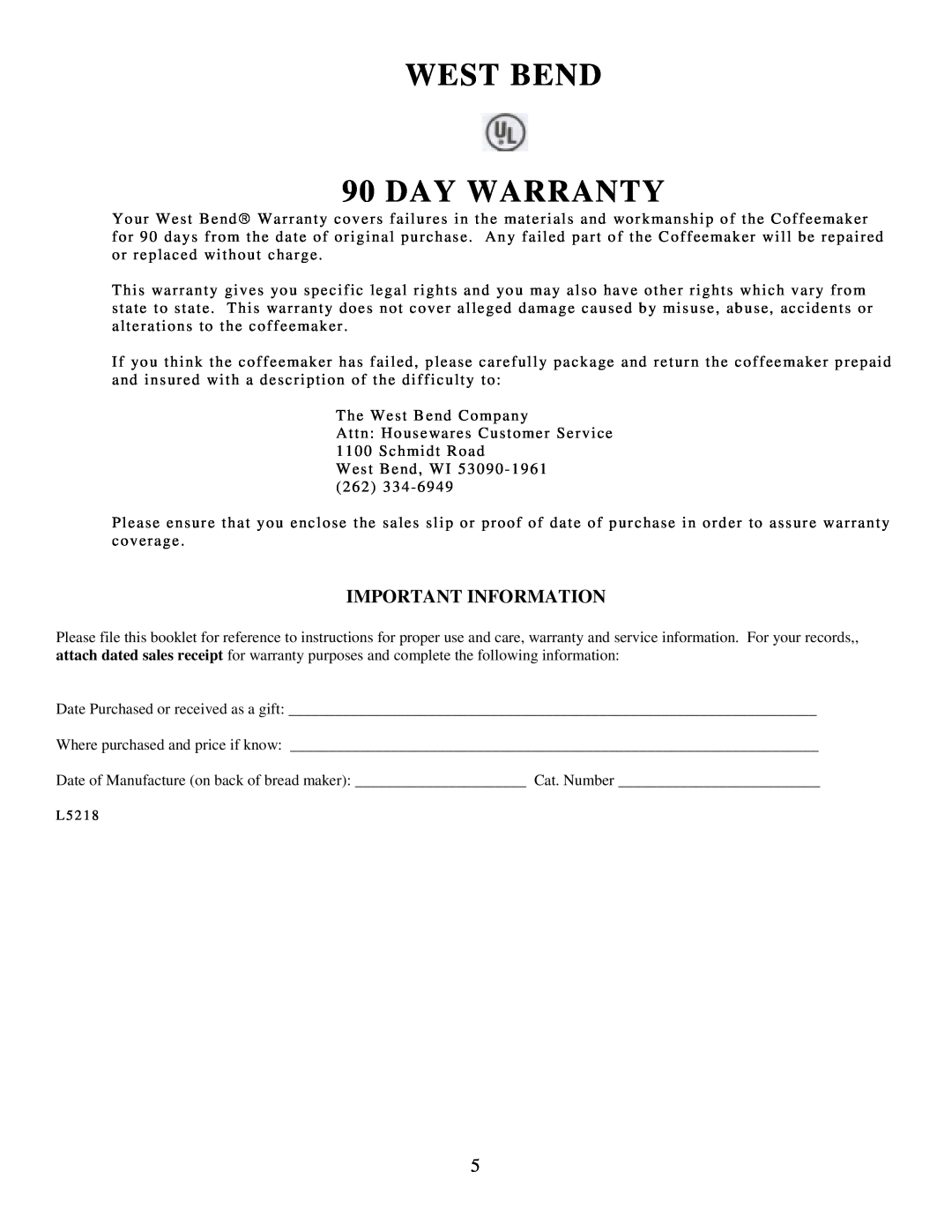 West Bend 54129 manual Important Information, WEST BEND 90 DAY WARRANTY 