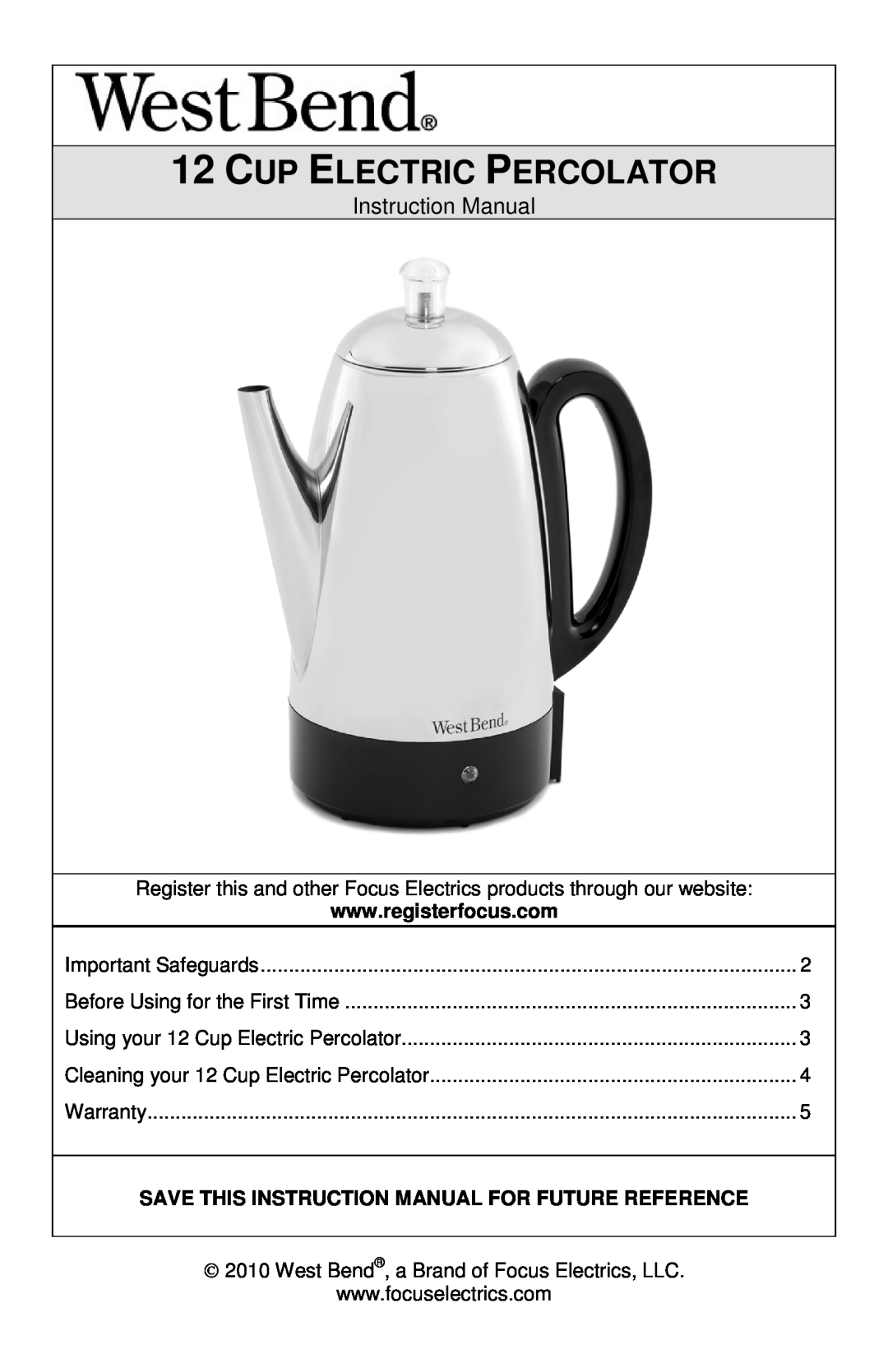 West Bend L5806, 54159 instruction manual 12CUP ELECTRIC PERCOLATOR 