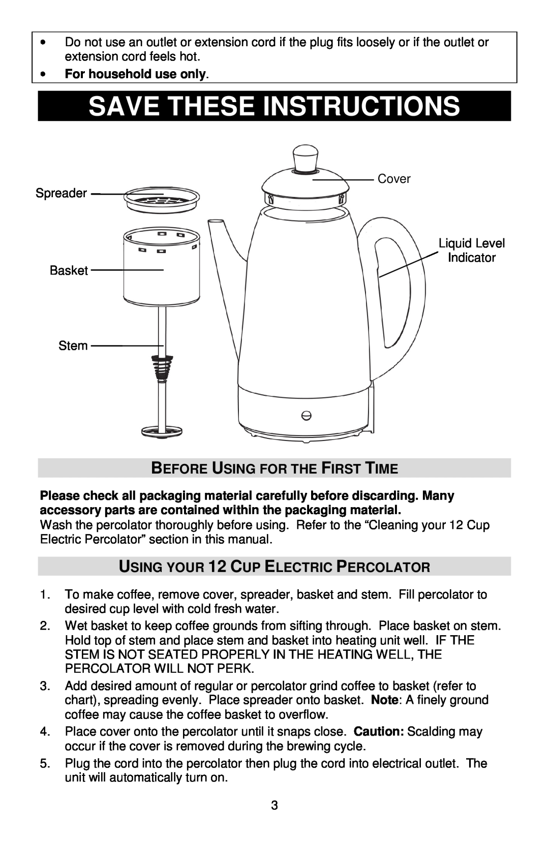 West Bend L5806, 54159 Save These Instructions, Before Using For The First Time, USING YOUR 12 CUP ELECTRIC PERCOLATOR 