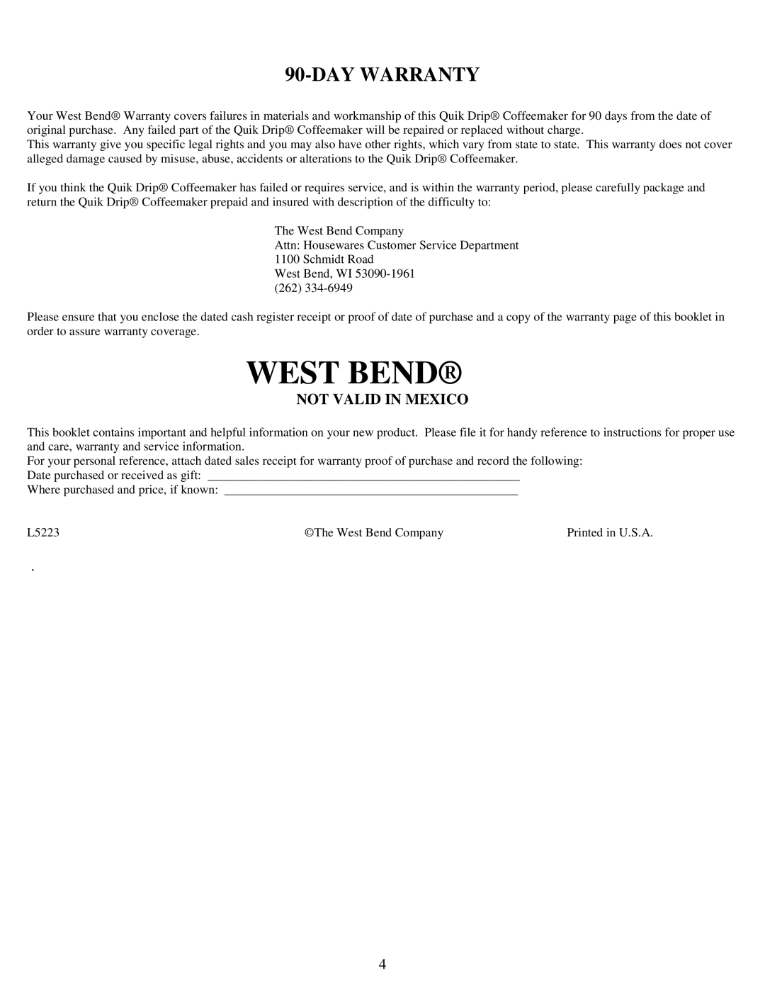 West Bend 56600 instruction manual DAY Warranty, Not Valid in Mexico 